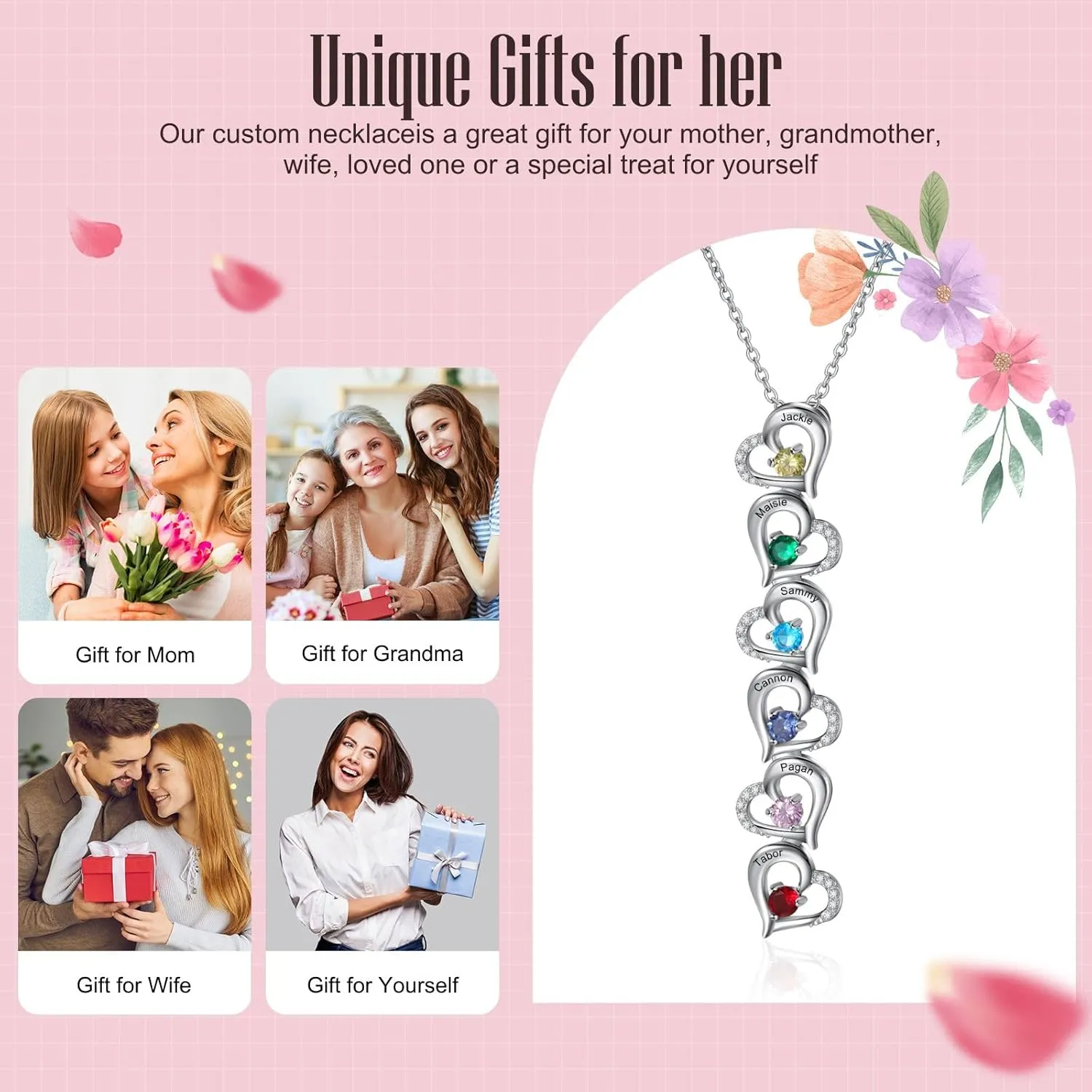 ALBERTBAND Mothers Day Gifts for Mom Personalized Heart Necklaces for Mother Birthstone Necklaces for Women Mom Necklace Custom Name Necklace Gifts for Grandmother
