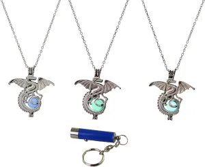 AlterImage Majestic Medieval Dragon Glow In The Dark Necklaces Set of 3 Luminous Jewelry Green Blue & Sky Blue Includes UV Light