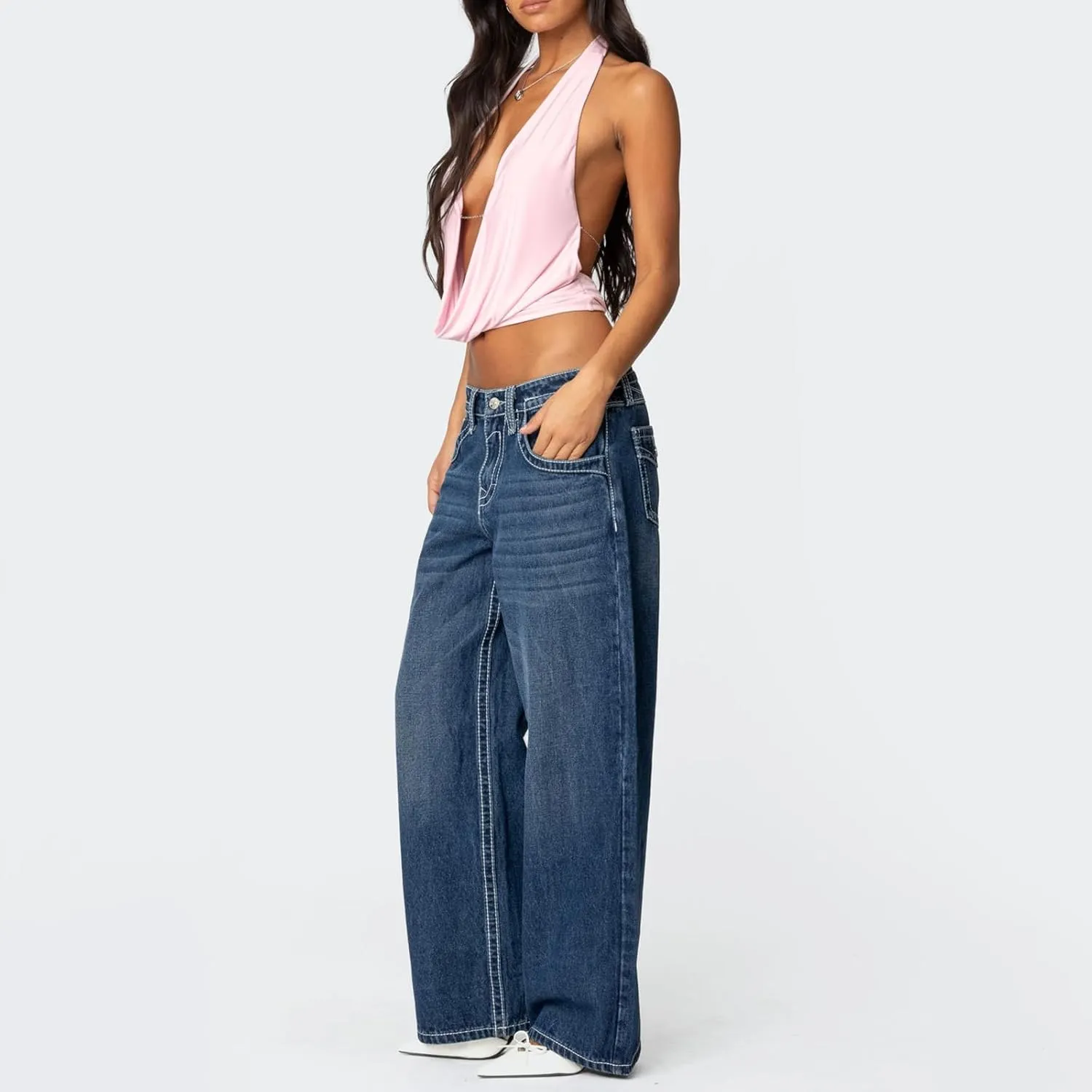 Amiblvowa Cowl Neck Halter Tops for Women Y2K Sexy Sleeveless Backless Crop Tank Top Summer Going Out Cami Shirt Clubwear
