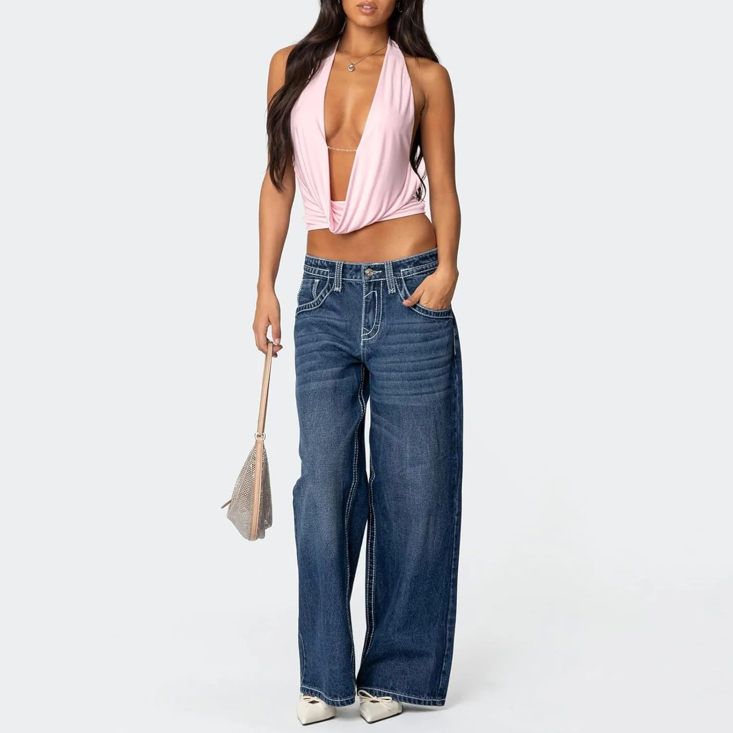 Amiblvowa Cowl Neck Halter Tops for Women Y2K Sexy Sleeveless Backless Crop Tank Top Summer Going Out Cami Shirt Clubwear