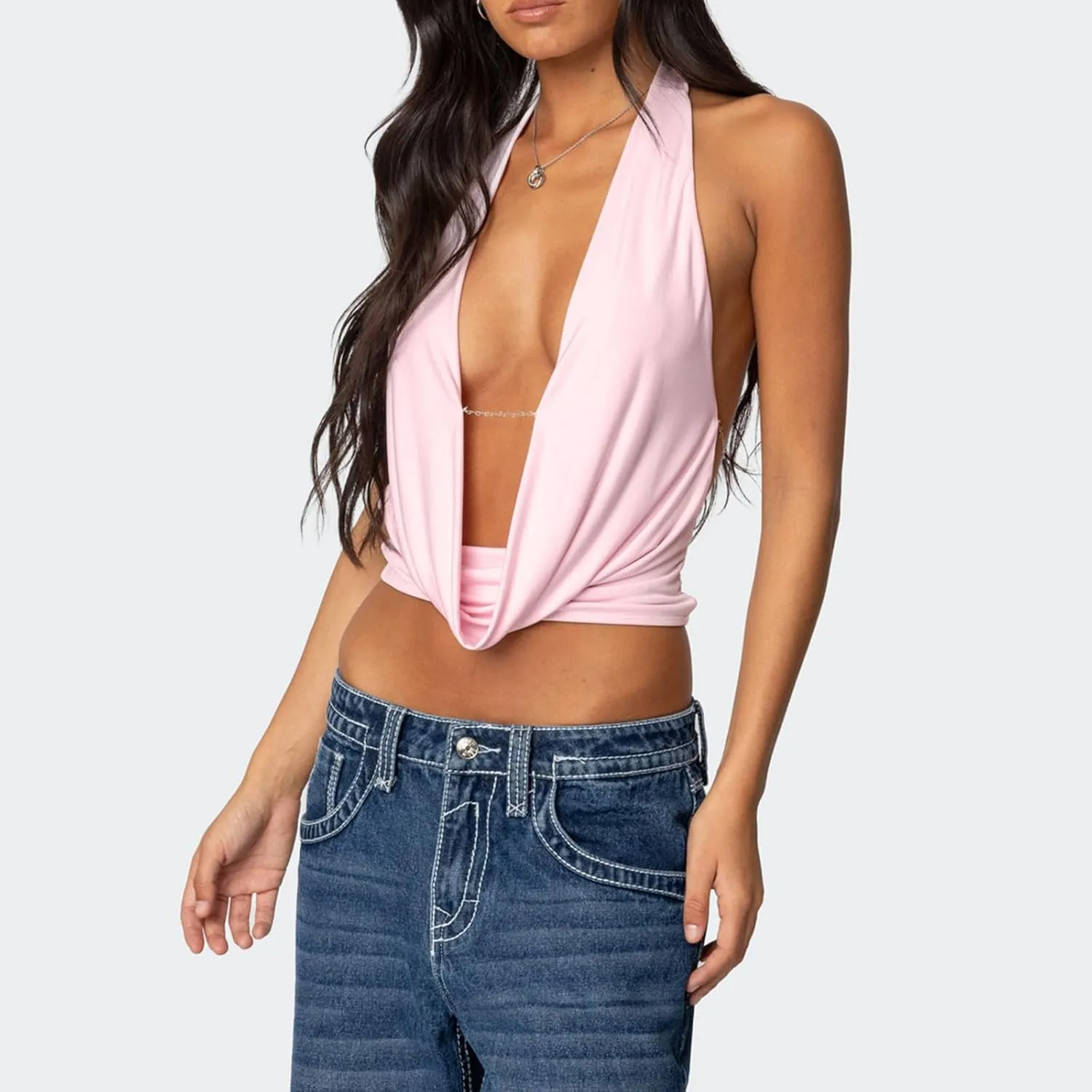 Amiblvowa Cowl Neck Halter Tops for Women Y2K Sexy Sleeveless Backless Crop Tank Top Summer Going Out Cami Shirt Clubwear