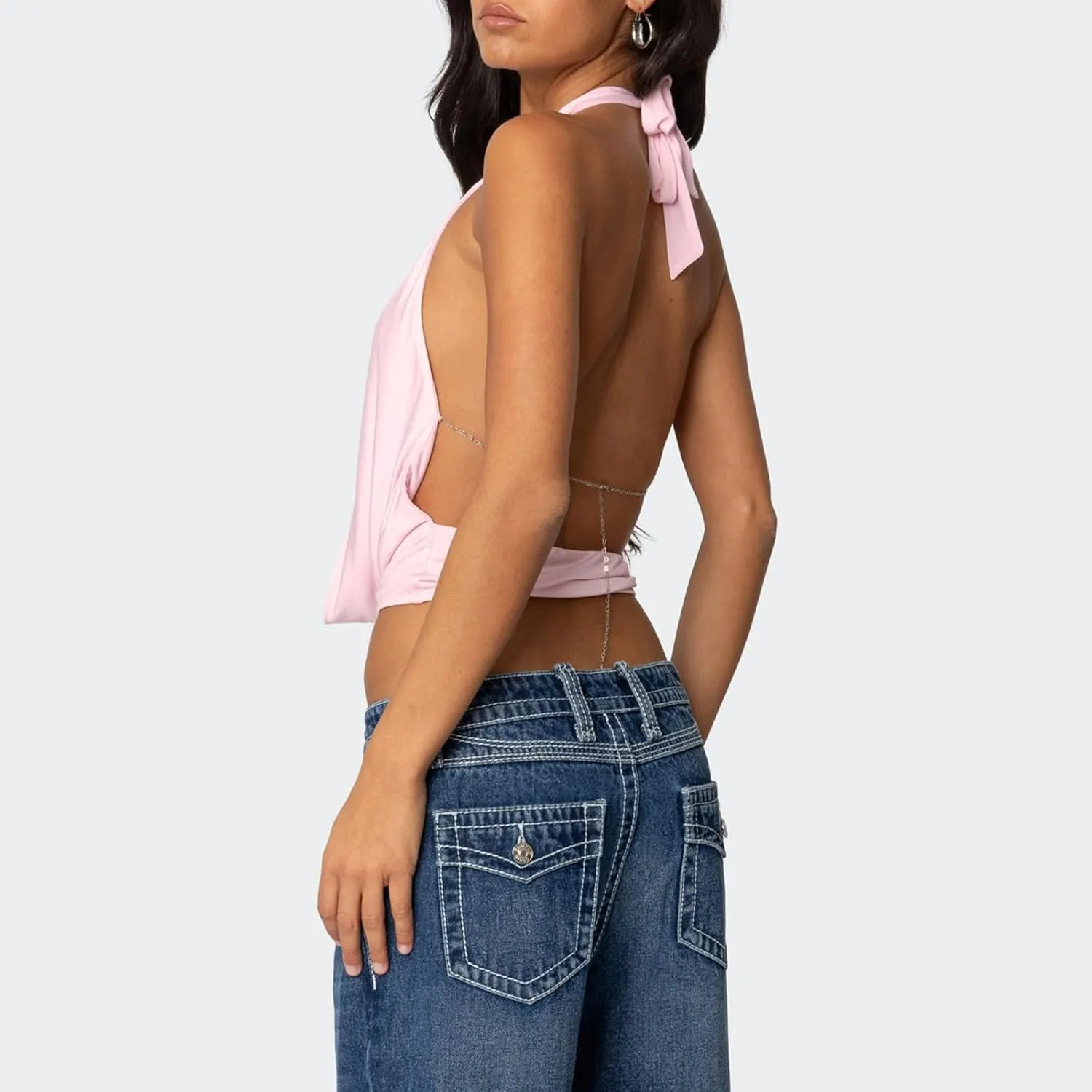 Amiblvowa Cowl Neck Halter Tops for Women Y2K Sexy Sleeveless Backless Crop Tank Top Summer Going Out Cami Shirt Clubwear