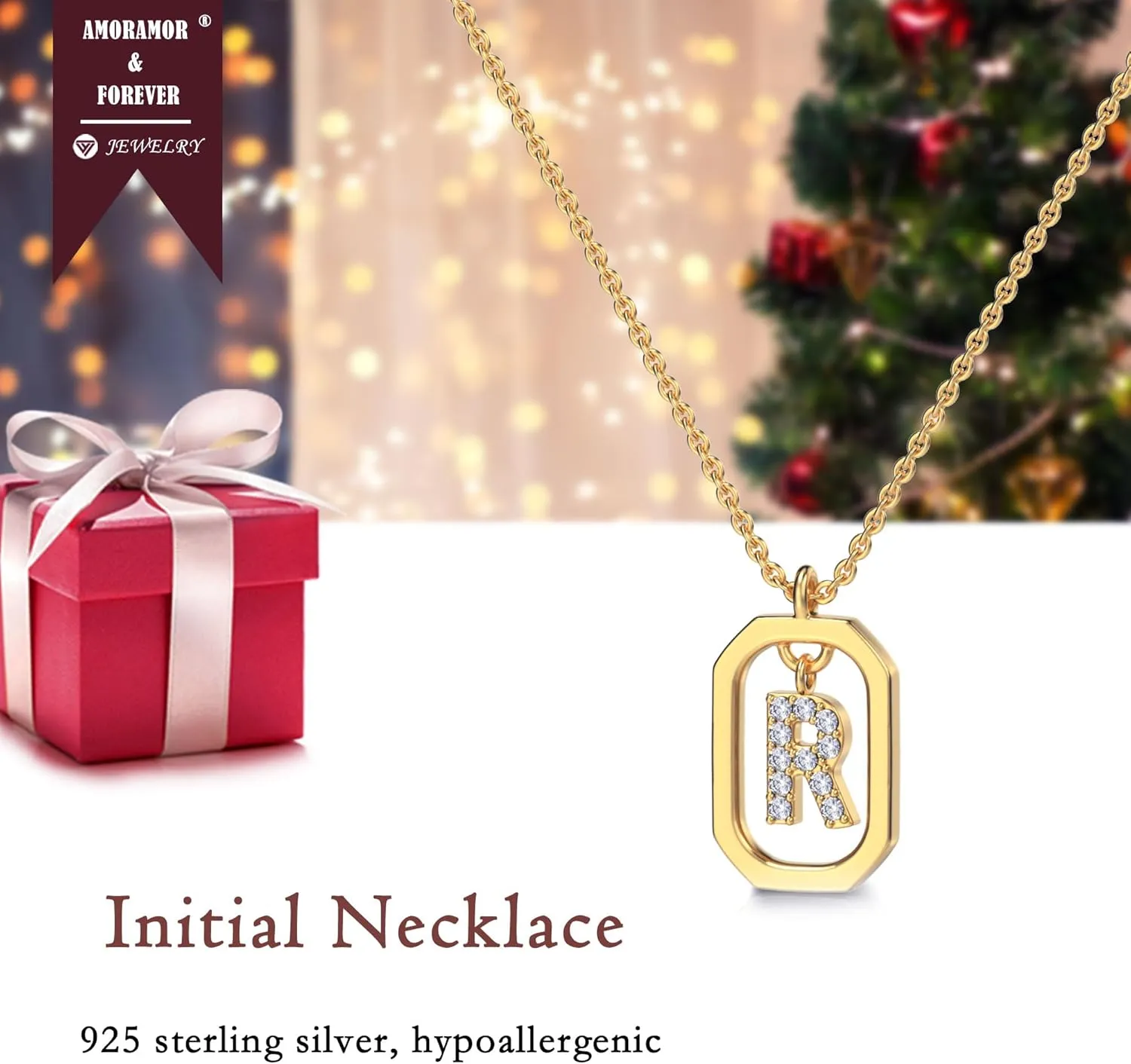 AMORAMOR & FOREVER 14k Gold Plated Dainty Initial Necklaces for Women Monogram Cute Letter Name Choker Necklaces Personalized Tiny Pendant CZ Cubic Zirconia Necklace