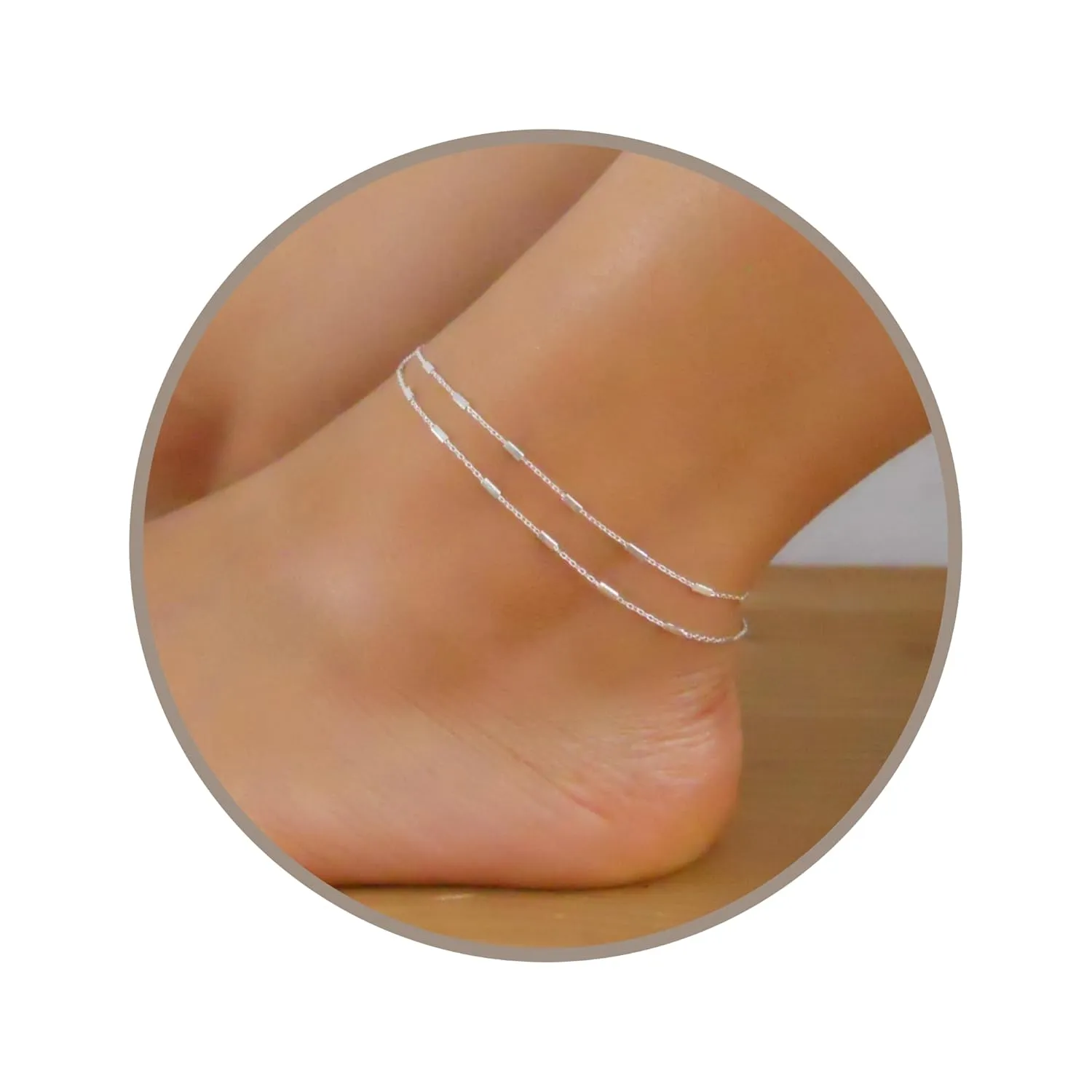 Annika Bella Double Chain Ankle Wrap, 925 Sterling Silver Anklet for Women, Dainty Adjustable Waterproof Anklets for Women (Tubes)