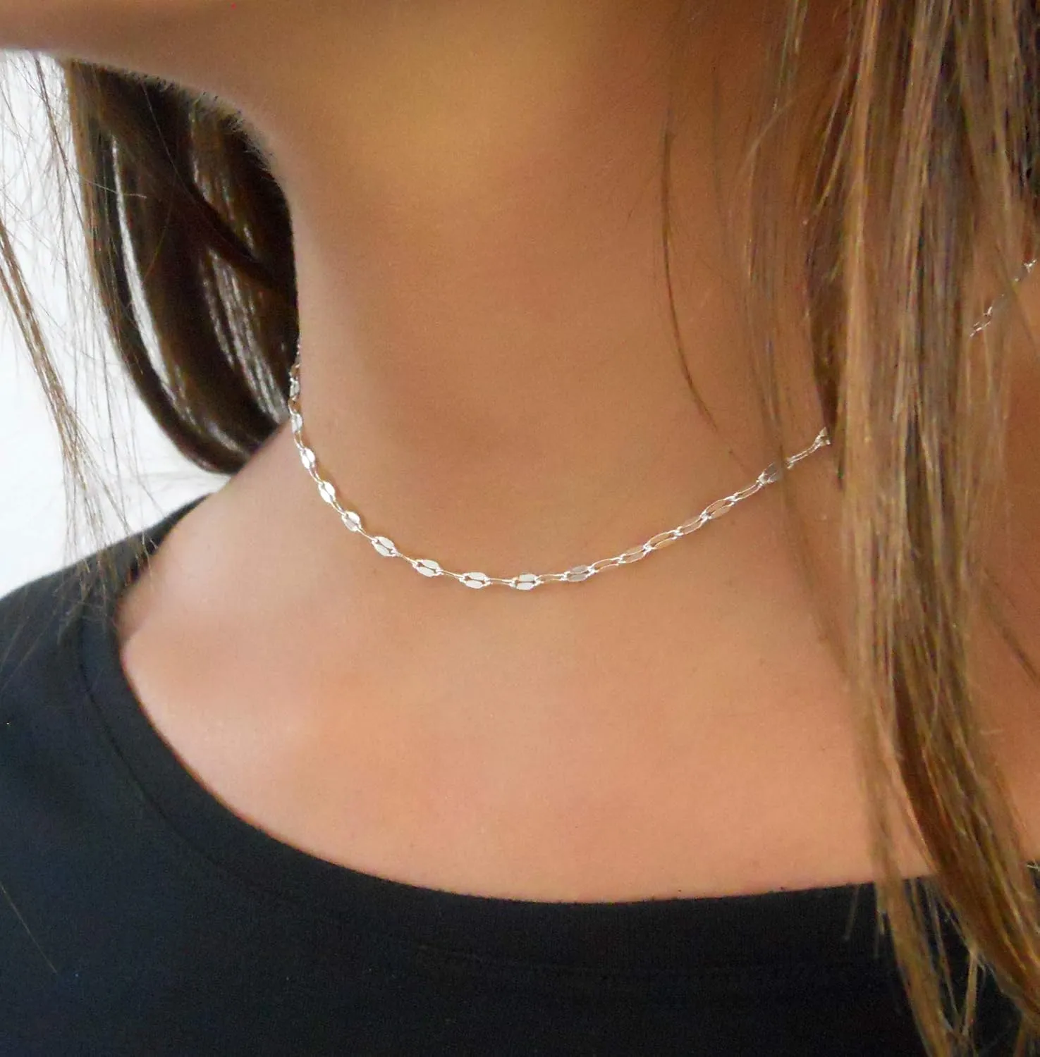 Annika Bella Lace Choker, 925 Silver Chain Necklace, Length 13-16 Inches, Necklaces for Women Teen, Sterling Silver Jewelry (Lace Chain)