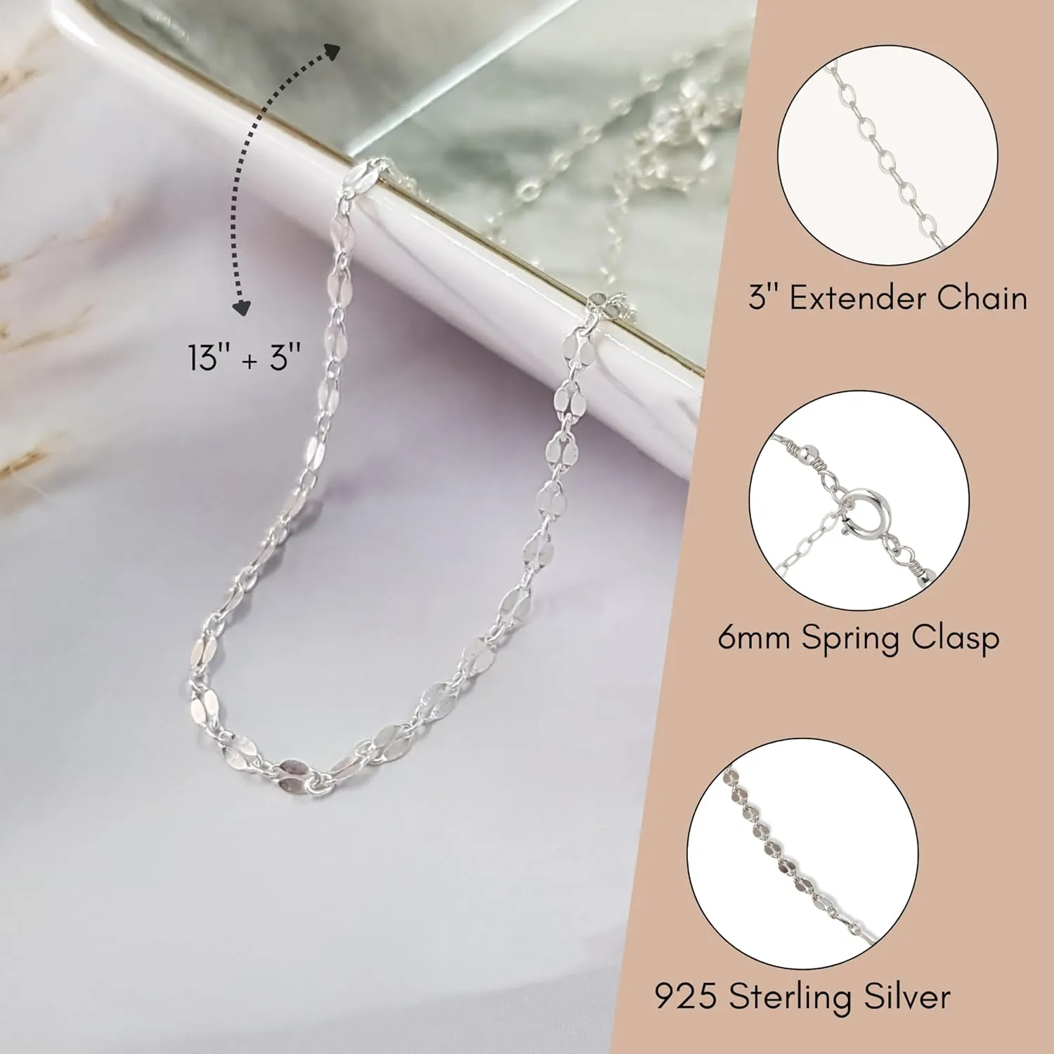 Annika Bella Lace Choker, 925 Silver Chain Necklace, Length 13-16 Inches, Necklaces for Women Teen, Sterling Silver Jewelry (Lace Chain)