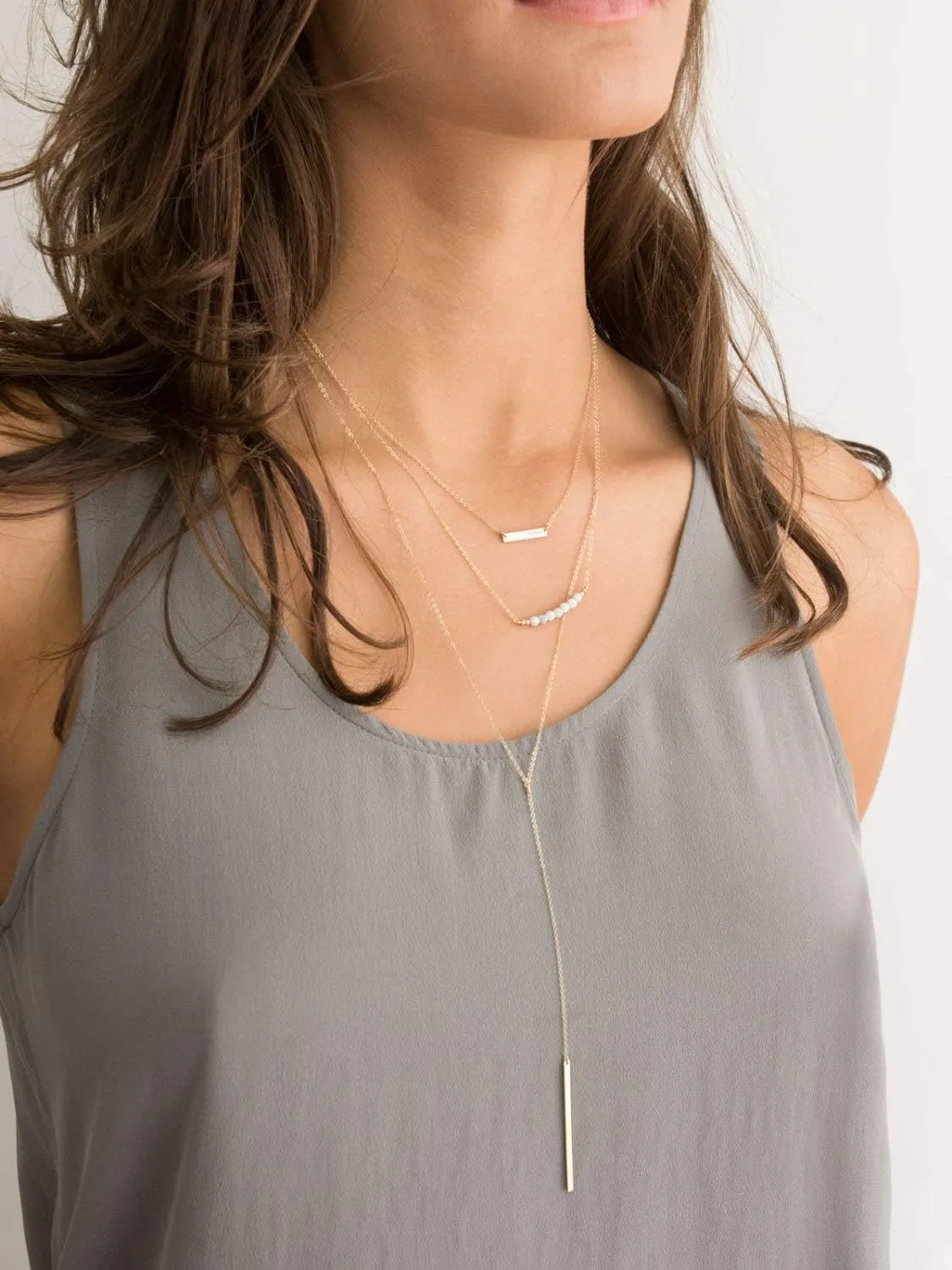Aobei Pearl 18K Gold Bar/Pearl / 3 Circles / 3 Half-Round/Conch Pendant Necklace Long Chain Y Necklace Minimalist Layering Jewelry for Women