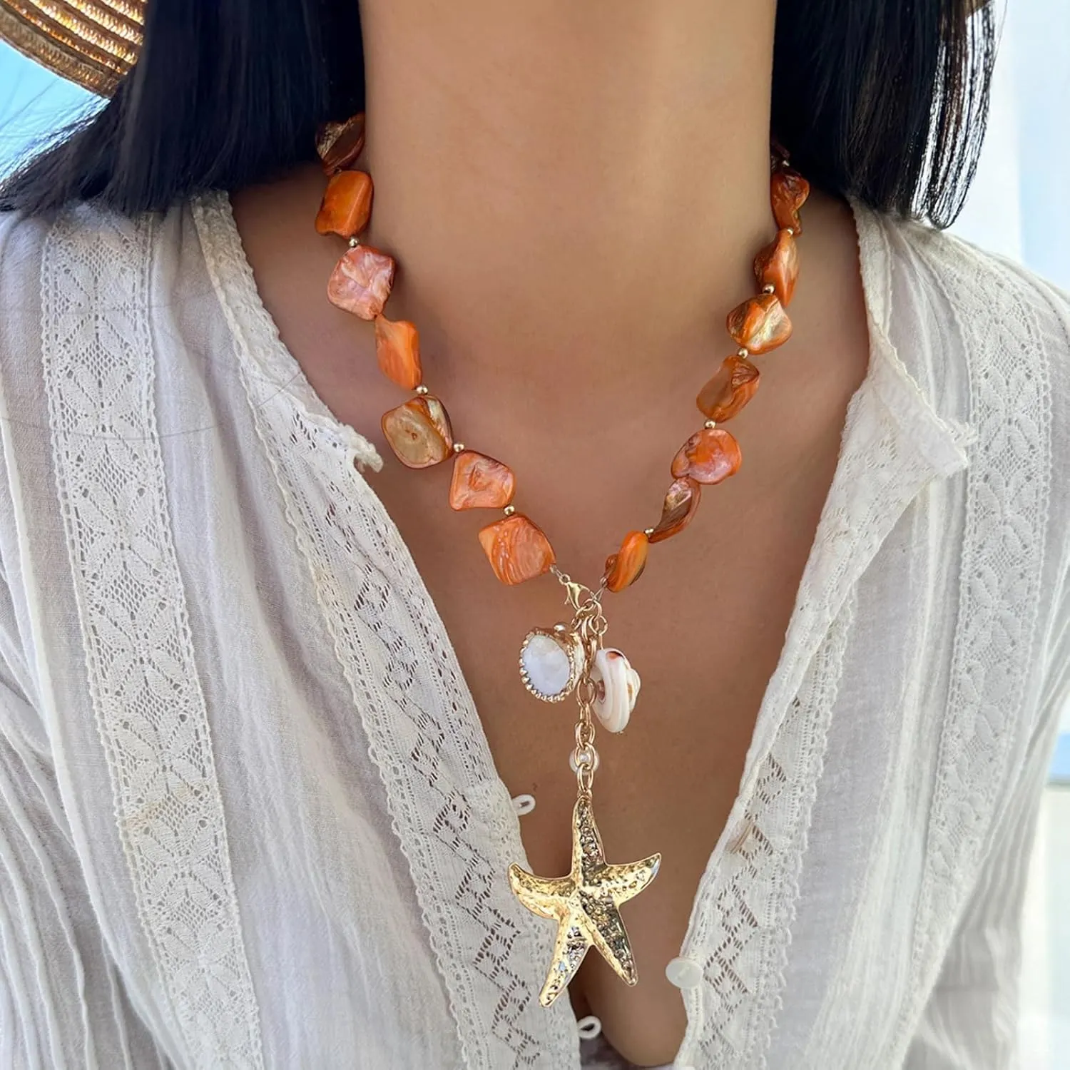 Aonklot Starfish Necklace Gold Seashell Charm Necklaces for Women Trendy Ocean Shell Accessories Beach Necklaces Summer Outfits for Women 2025 Vacation