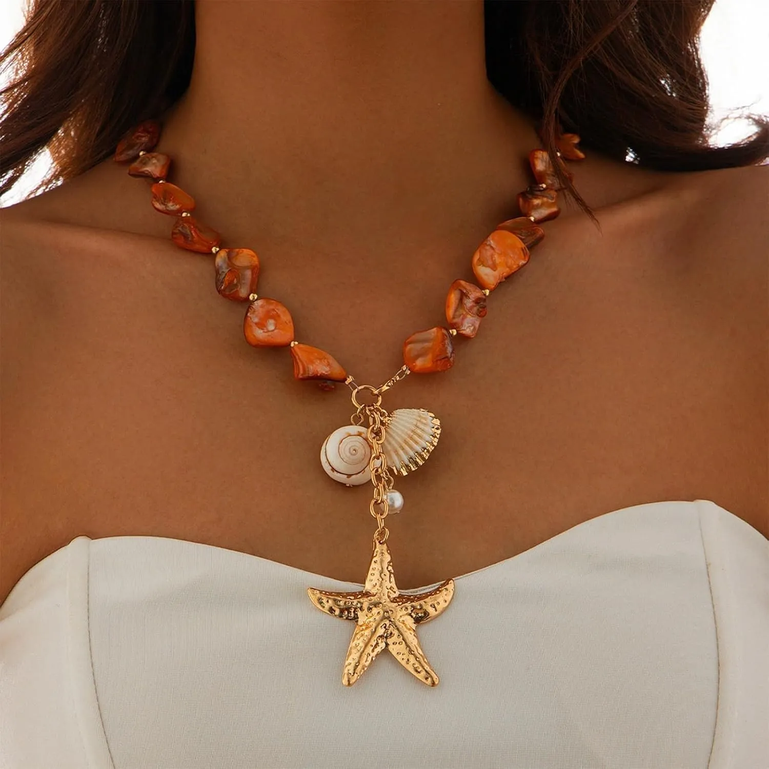 Aonklot Starfish Necklace Gold Seashell Charm Necklaces for Women Trendy Ocean Shell Accessories Beach Necklaces Summer Outfits for Women 2025 Vacation
