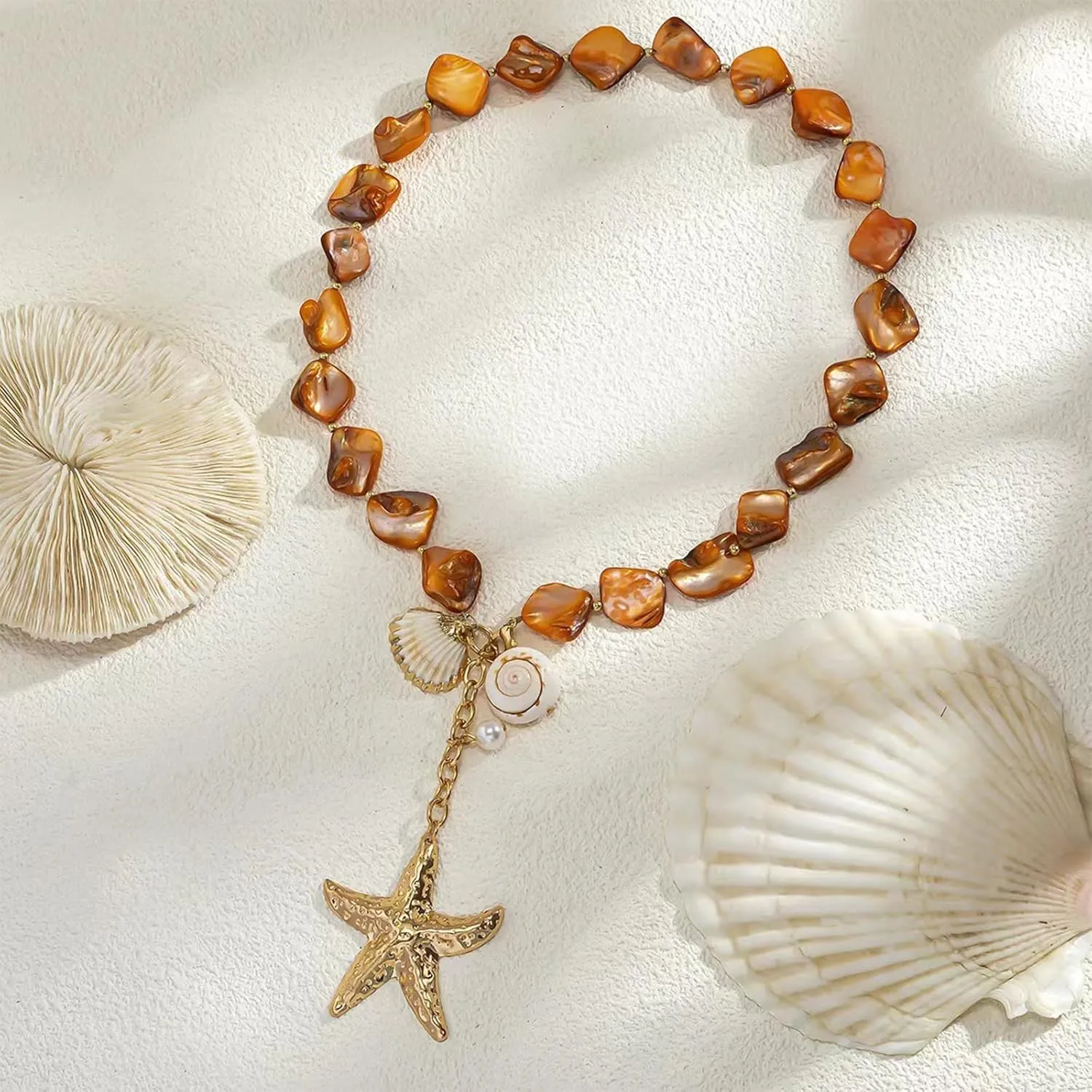 Aonklot Starfish Necklace Gold Seashell Charm Necklaces for Women Trendy Ocean Shell Accessories Beach Necklaces Summer Outfits for Women 2025 Vacation