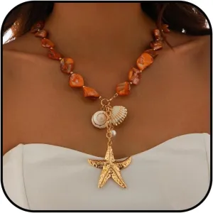 Aonklot Starfish Necklace Gold Seashell Charm Necklaces for Women Trendy Ocean Shell Accessories Beach Necklaces Summer Outfits for Women 2025 Vacation