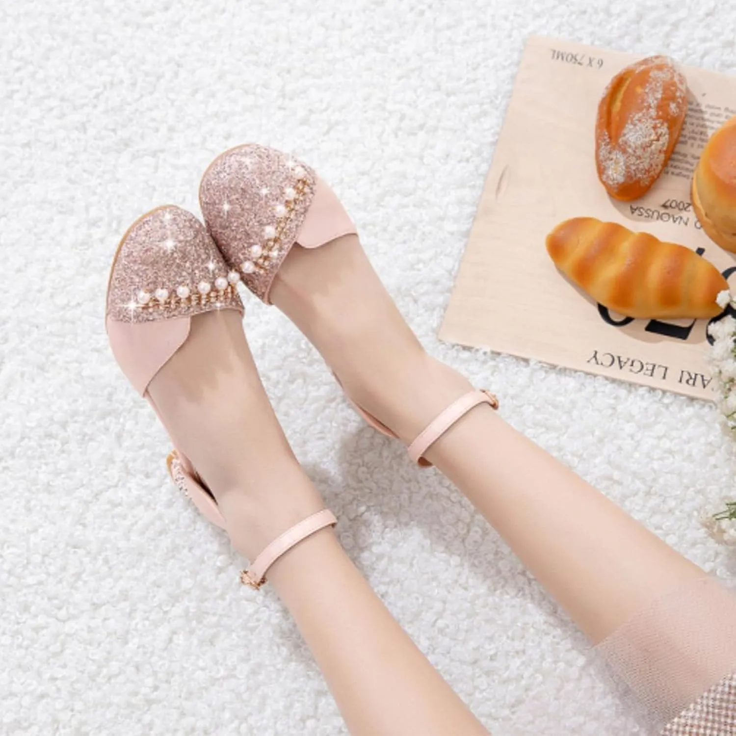 AOQUNFS Girls Latin Ballroom Dance Shoes Sequin Mary Jane Low Heels Wedding Party Dress Shoes,DS-8968