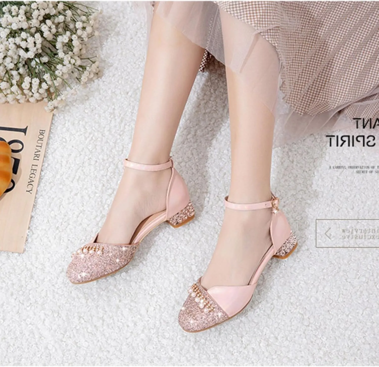 AOQUNFS Girls Latin Ballroom Dance Shoes Sequin Mary Jane Low Heels Wedding Party Dress Shoes,DS-8968