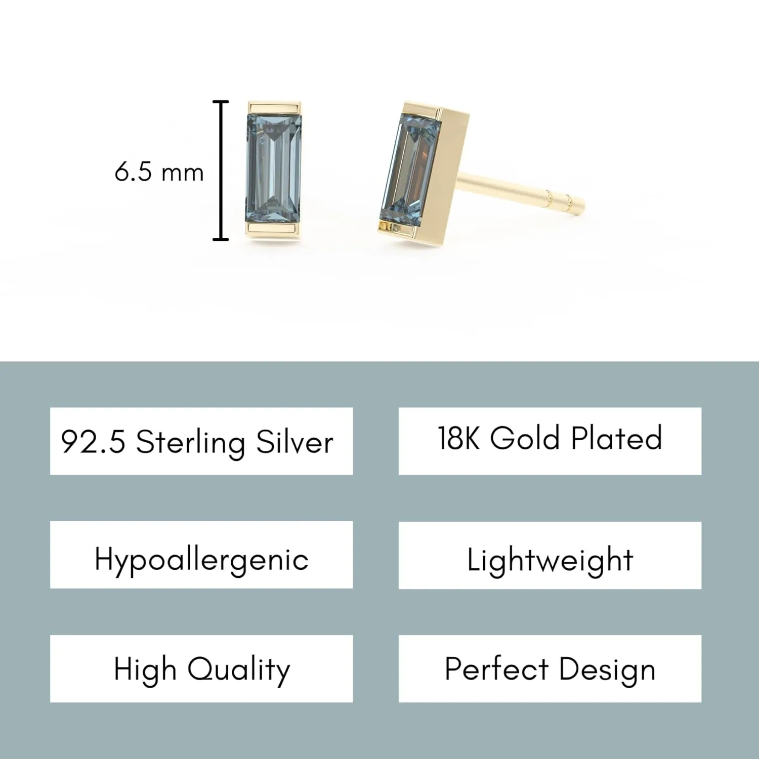 Aquamarine Stud Earrings for Women, Rectangle Stud Earrings - Hypoallergenic 18K Gold Stud Earrings, Genuine 925 Sterling Silver - March Birthstone Mothers Day Gifts (6.5mm Rectangle)
