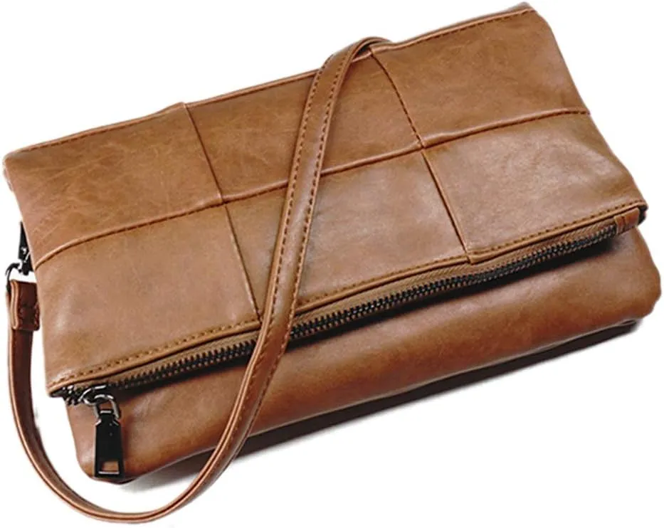 Artwell Woman Soft PU Leather Clutch Bag Purse Folding Wristlet Bag Crossbody Handbag Evening Bag (Brown)