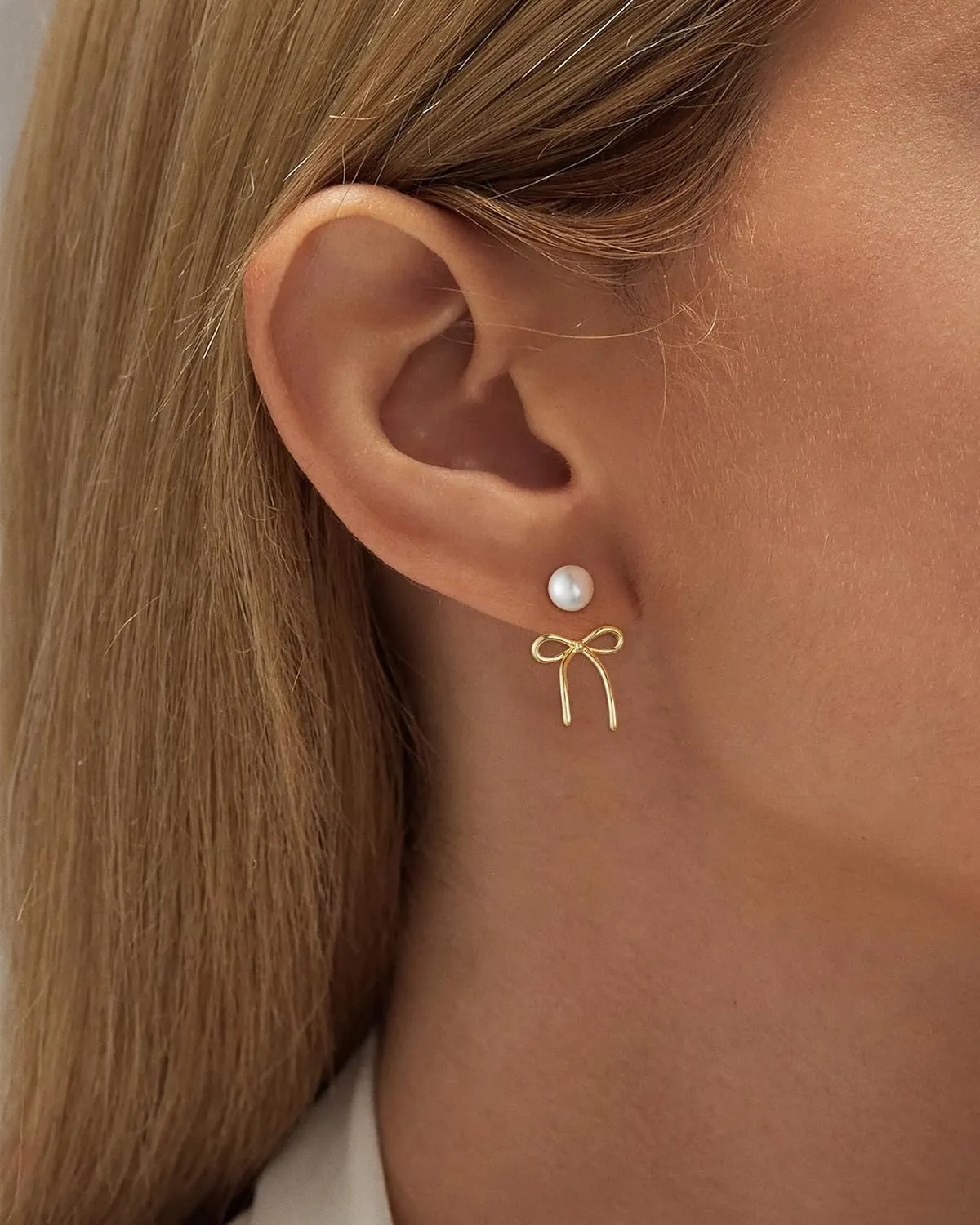 ASCOMY Gold Stud Earrings for Women - Dainty Bow 14K Gold/Silver Plated Pearl Earrings - Trendy Cute Ribbon Minimalist Jewelry Gifts for Her