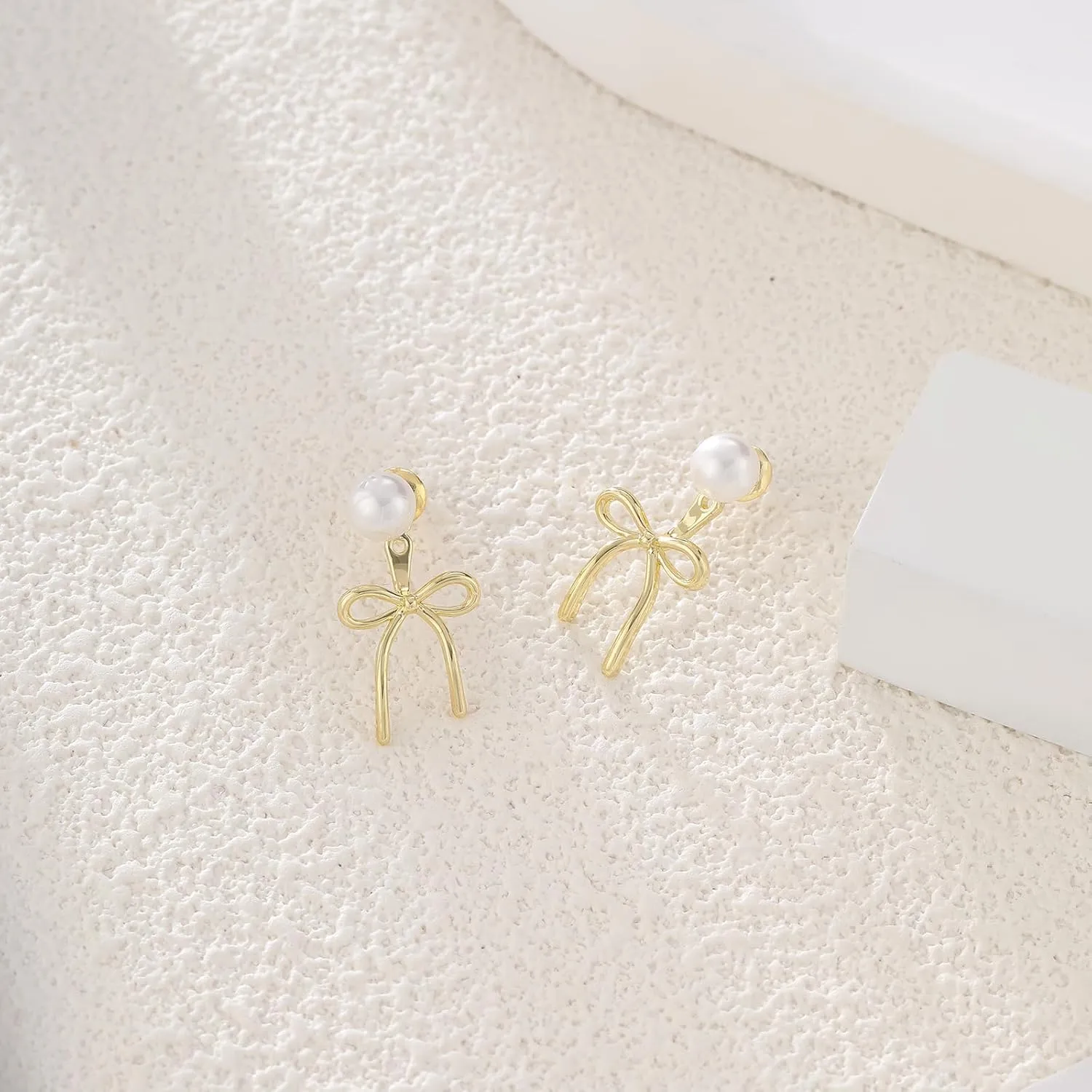 ASCOMY Gold Stud Earrings for Women - Dainty Bow 14K Gold/Silver Plated Pearl Earrings - Trendy Cute Ribbon Minimalist Jewelry Gifts for Her