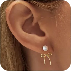 ASCOMY Gold Stud Earrings for Women - Dainty Bow 14K Gold/Silver Plated Pearl Earrings - Trendy Cute Ribbon Minimalist Jewelry Gifts for Her