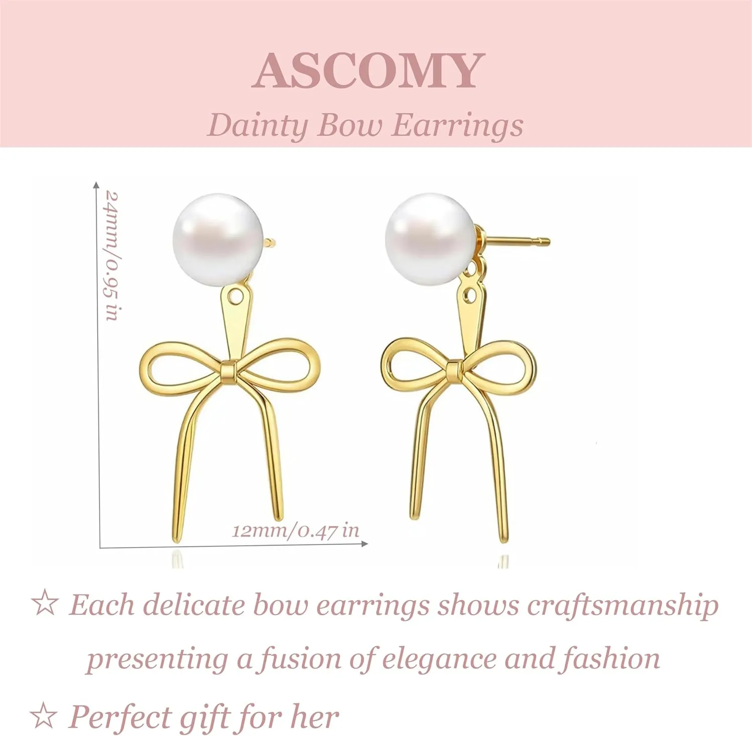 ASCOMY Gold Stud Earrings for Women - Dainty Bow 14K Gold/Silver Plated Pearl Earrings - Trendy Cute Ribbon Minimalist Jewelry Gifts for Her