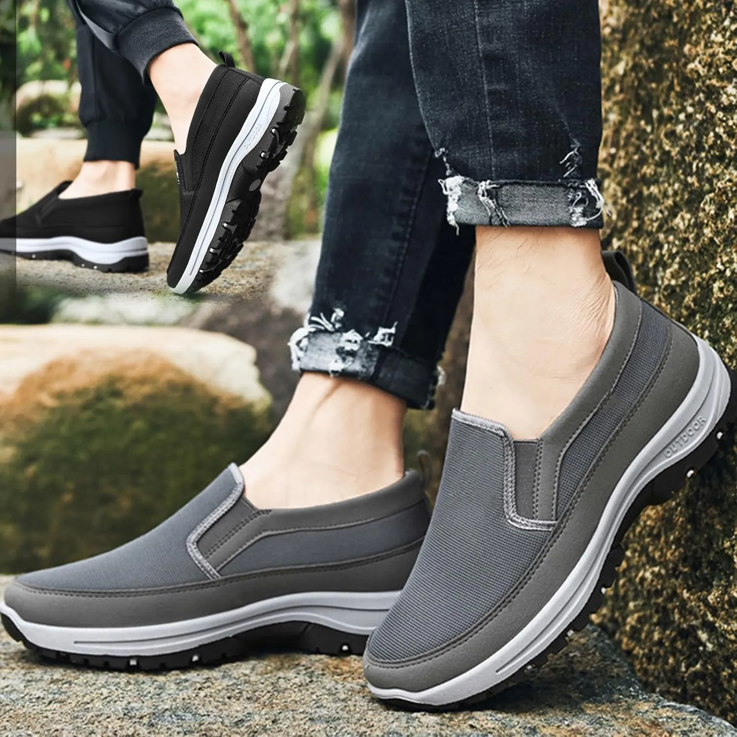 Auguscare Shoes Men, Men's Arch Support Slip-on Canvas Loafers, Knitted Mesh Round Toe Orthopedic Loafers Non Slip Orthopedic Sneakers Walking Flat Boat Shoes(Black,US 11.5)