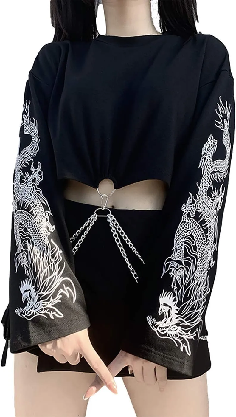 AULKEEP Gothic Women Cute Crop Tops Cool Dragon Graphic Sweatshirts Goth Punk Black Crewneck Sweatshirt