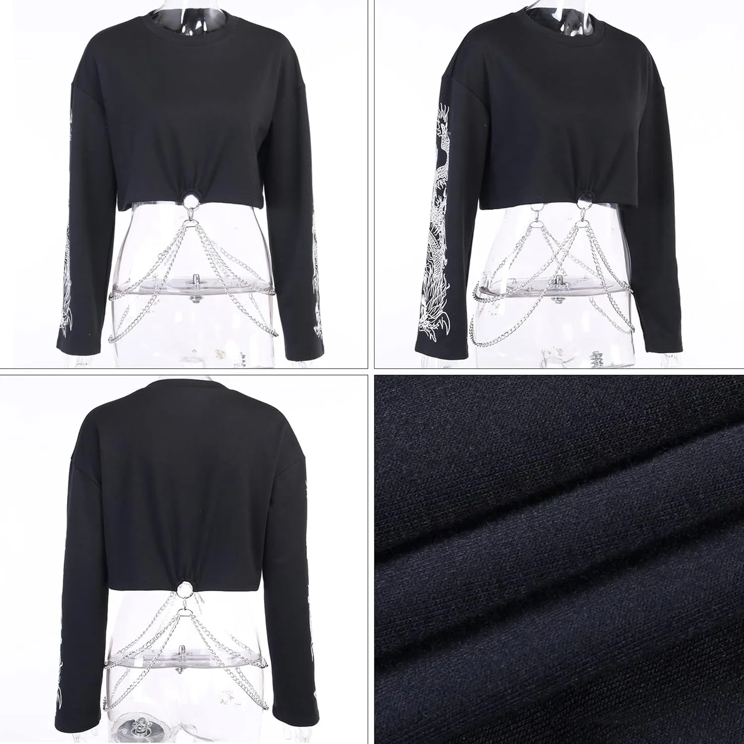 AULKEEP Gothic Women Cute Crop Tops Cool Dragon Graphic Sweatshirts Goth Punk Black Crewneck Sweatshirt