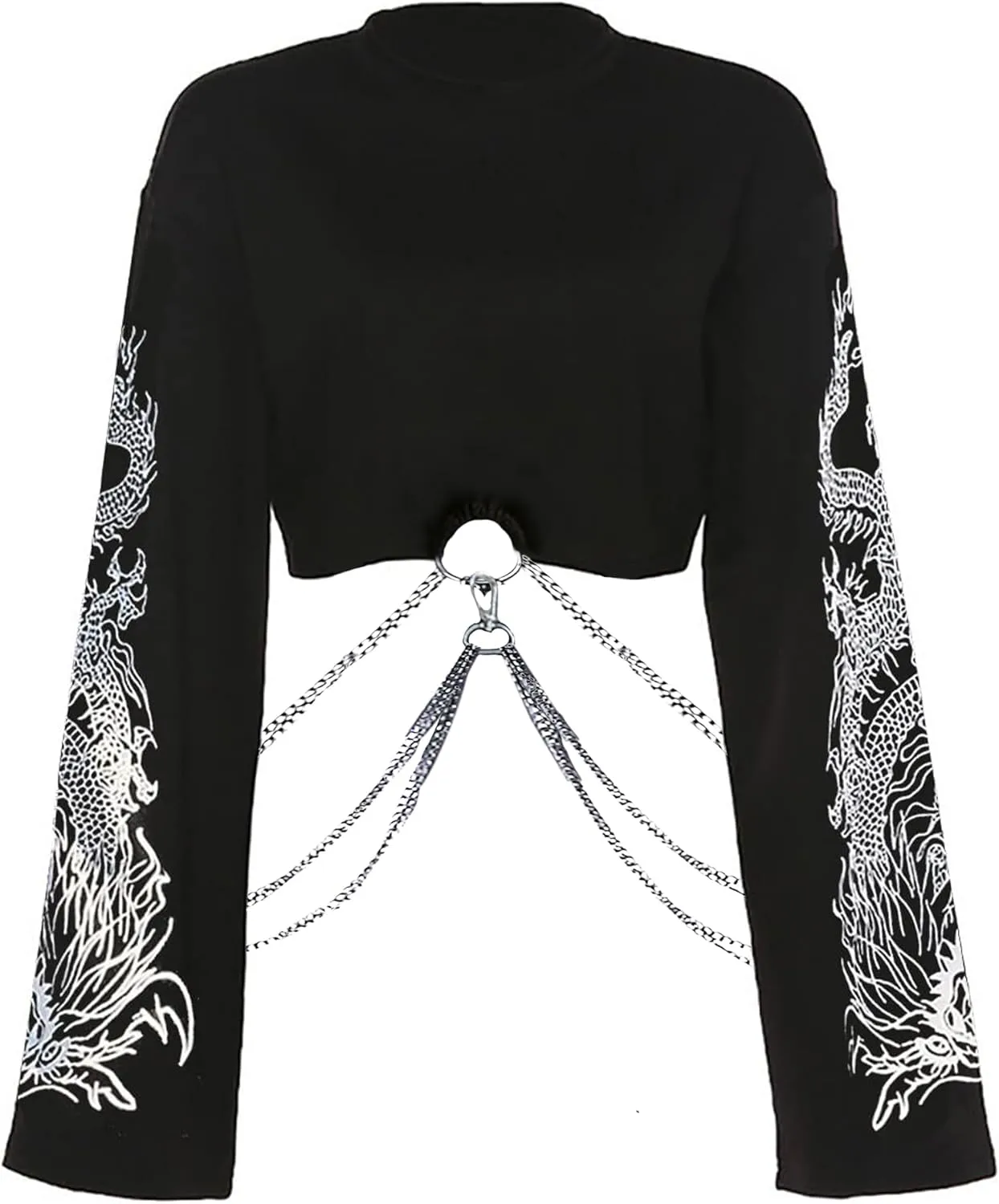 AULKEEP Gothic Women Cute Crop Tops Cool Dragon Graphic Sweatshirts Goth Punk Black Crewneck Sweatshirt