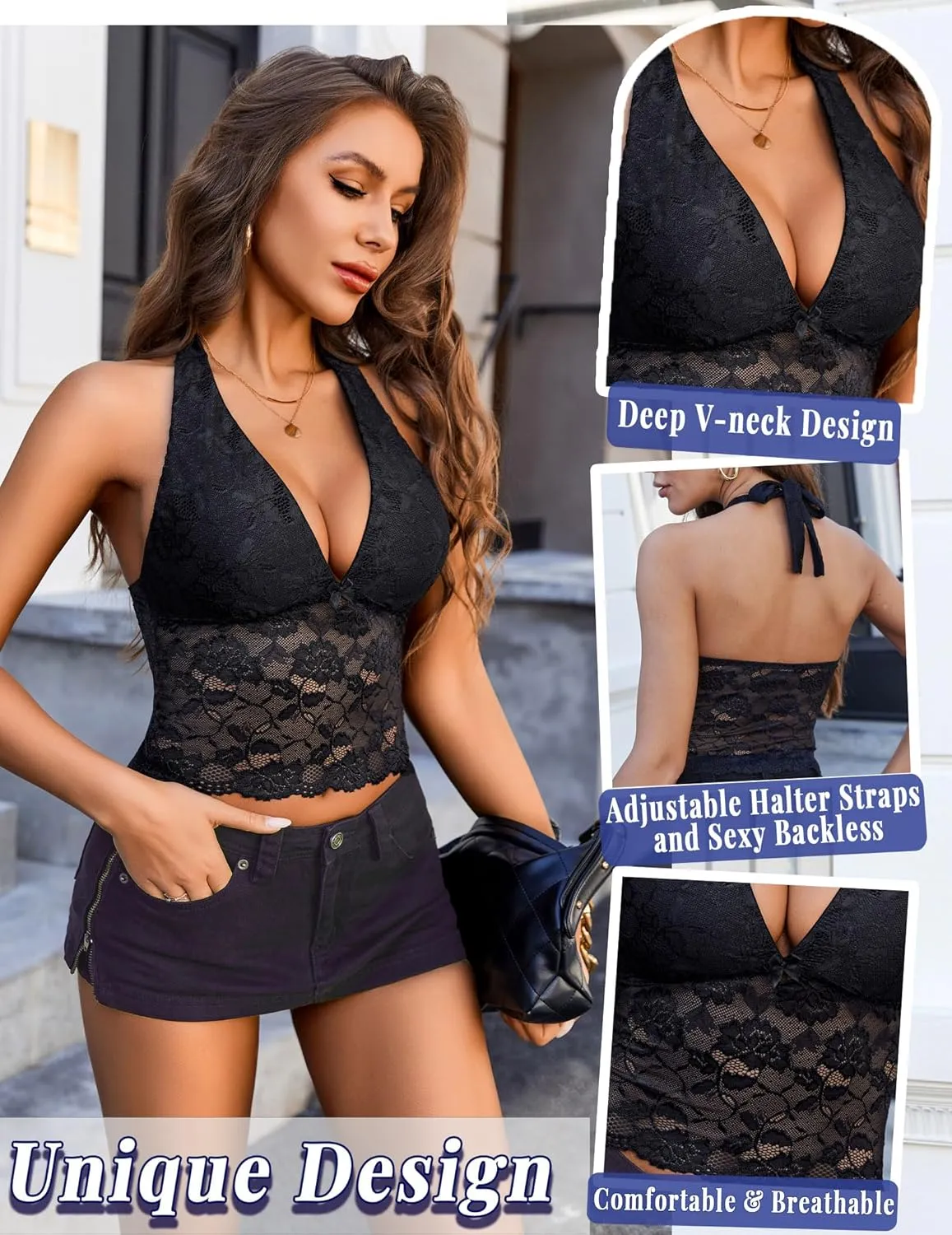 Avidlove Lace Tops for Women V Neck Halter Top Sexy Womens Tank Tops Going Out Y2k Sleeveless Crop Tops S-XXL