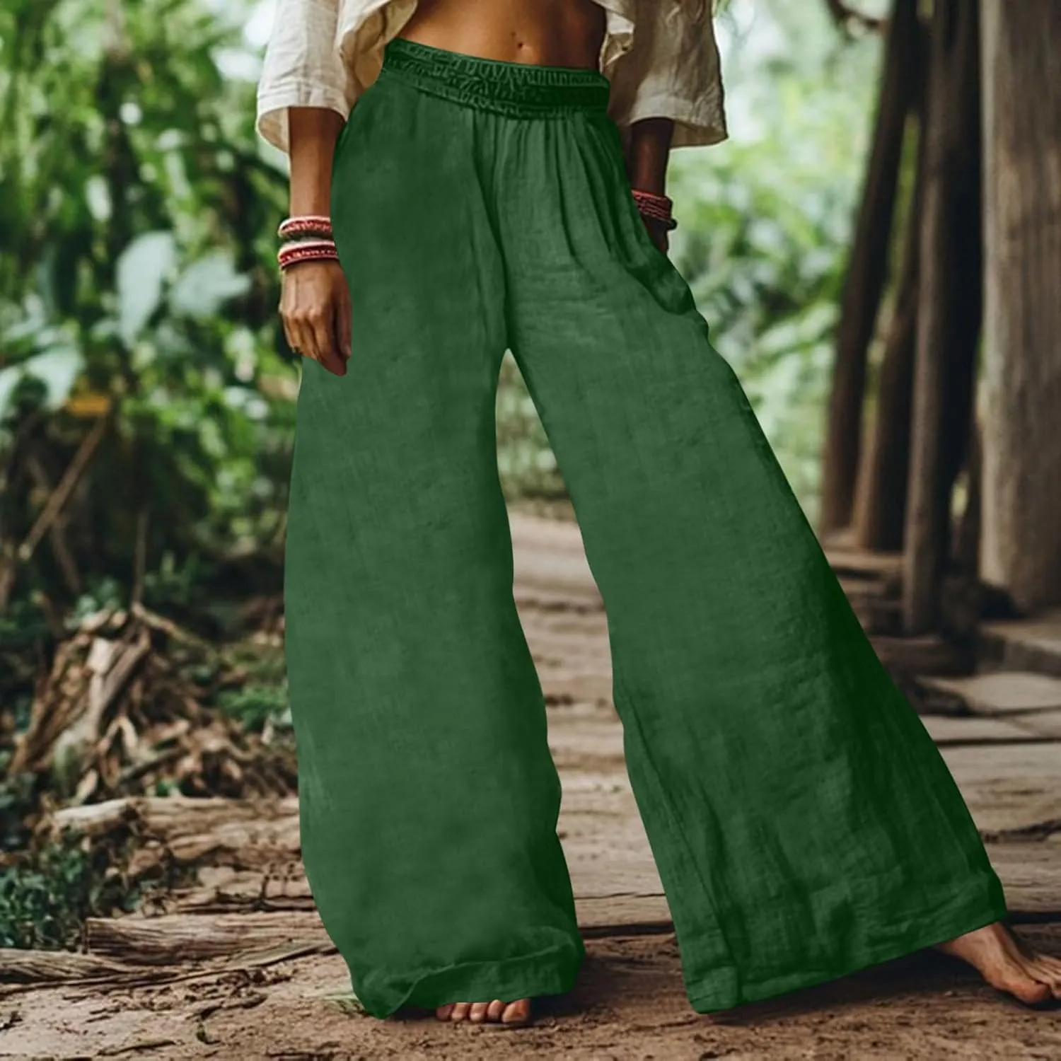 Baggy Pants for Women Boho Faux Cotton Linen Wide Leg Pants Summer 2025 Casual Elastic Waist Long Trousers with Pockets