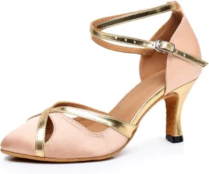 Ballroom Latin Salsa Dance Shoes Closed Toe Mid Heel Practice Dancing Shoes for Women Model QRX-2066