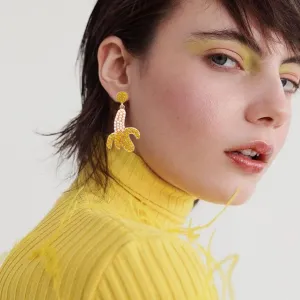 Banana Earrings for Women Summer Tropical Fruits Gold Plated Rhinestone Funny Yellow Bananas Earrings