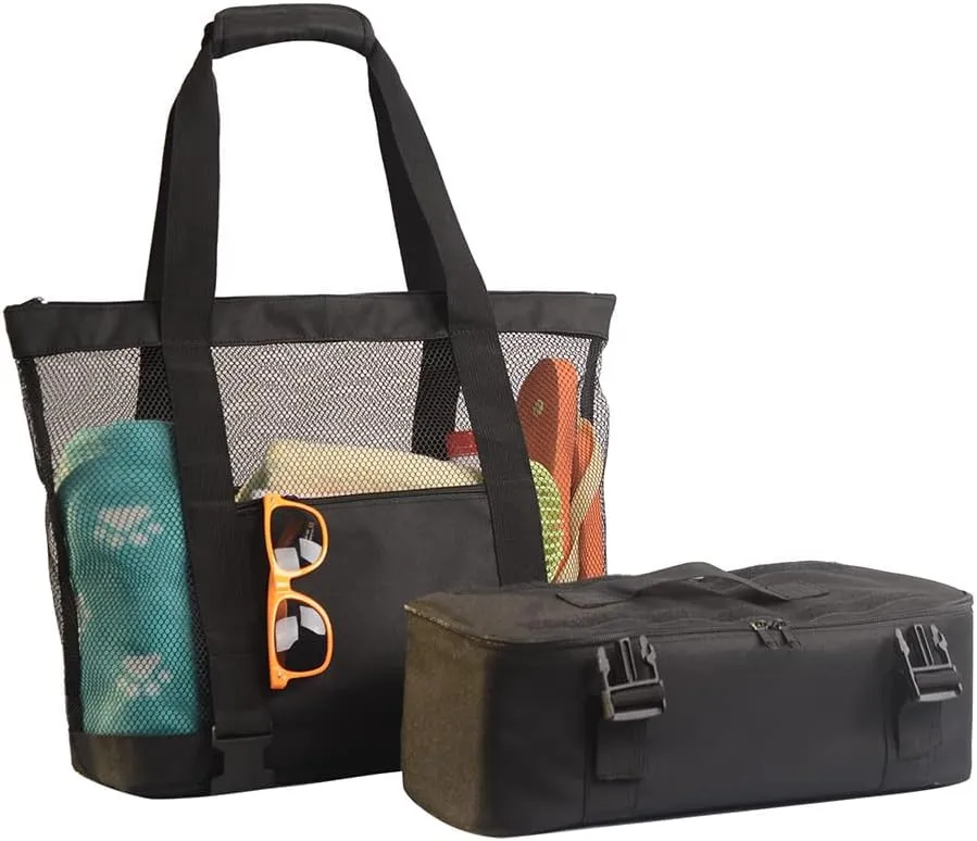 Beach Bag Mesh Tote Bag with Insulated Cooler Oversized Travel Tote Bag Waterproof Sandproof