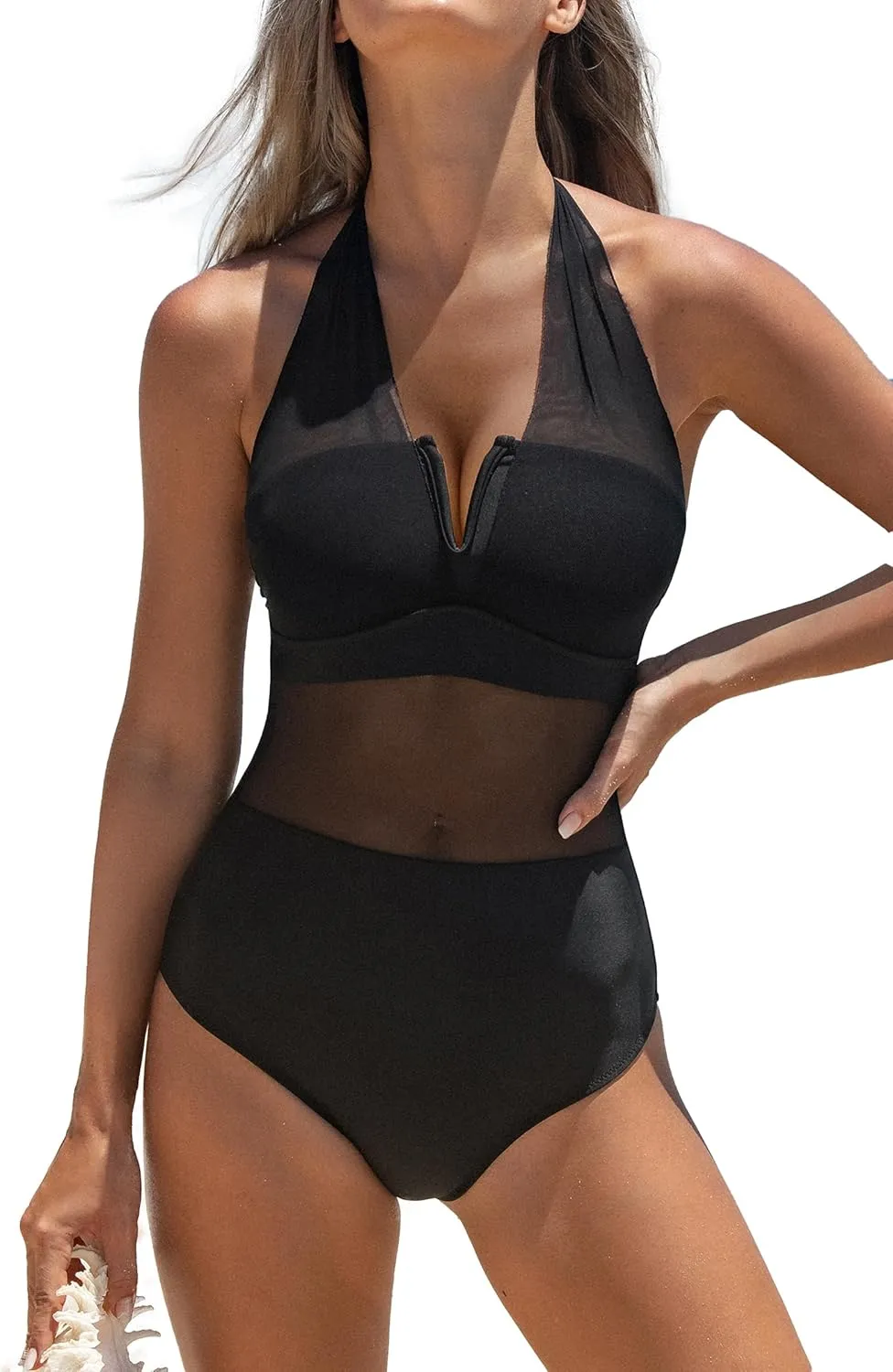 Beachsissi Women's Sexy Mesh One Piece Swimsuits Mesh Patchwork Halter Neck One Piece