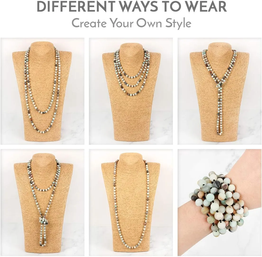 Bead Strand Versatile 60" Long Wrap Necklace - Handmade Knotted Multi Layer Sparkly Crystal, Semi Precious Natural Stone, Lava, Glass Faux Pearl