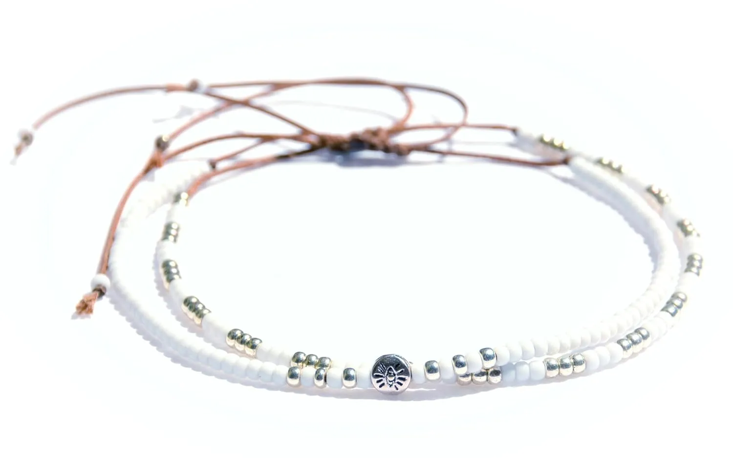 Beaded Anklet for Women and Teen Girls, Boho White & Silver Adjustable Waterproof Thin Beach Summer Beads Anklet, Hippie Native American Style, Handmade by Tribes