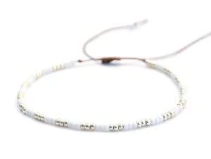 Beaded Anklet for Women and Teen Girls, Boho White & Silver Adjustable Waterproof Thin Beach Summer Beads Anklet, Hippie Native American Style, Handmade by Tribes