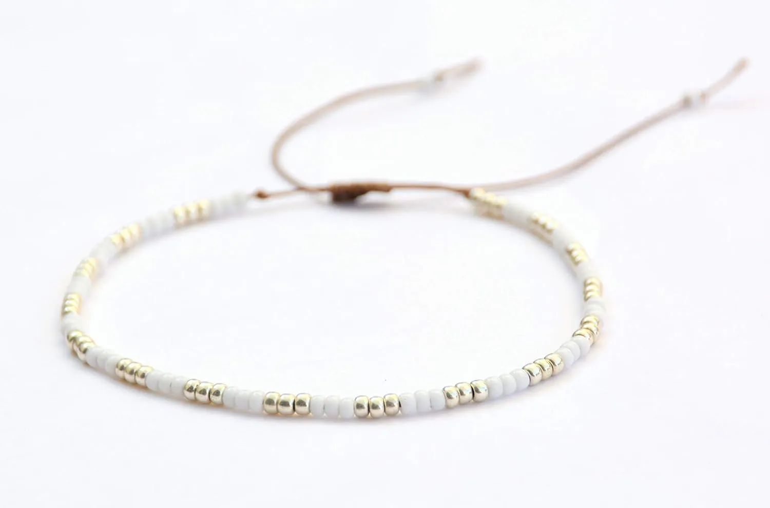 Beaded Anklet for Women and Teen Girls, Boho White & Silver Adjustable Waterproof Thin Beach Summer Beads Anklet, Hippie Native American Style, Handmade by Tribes