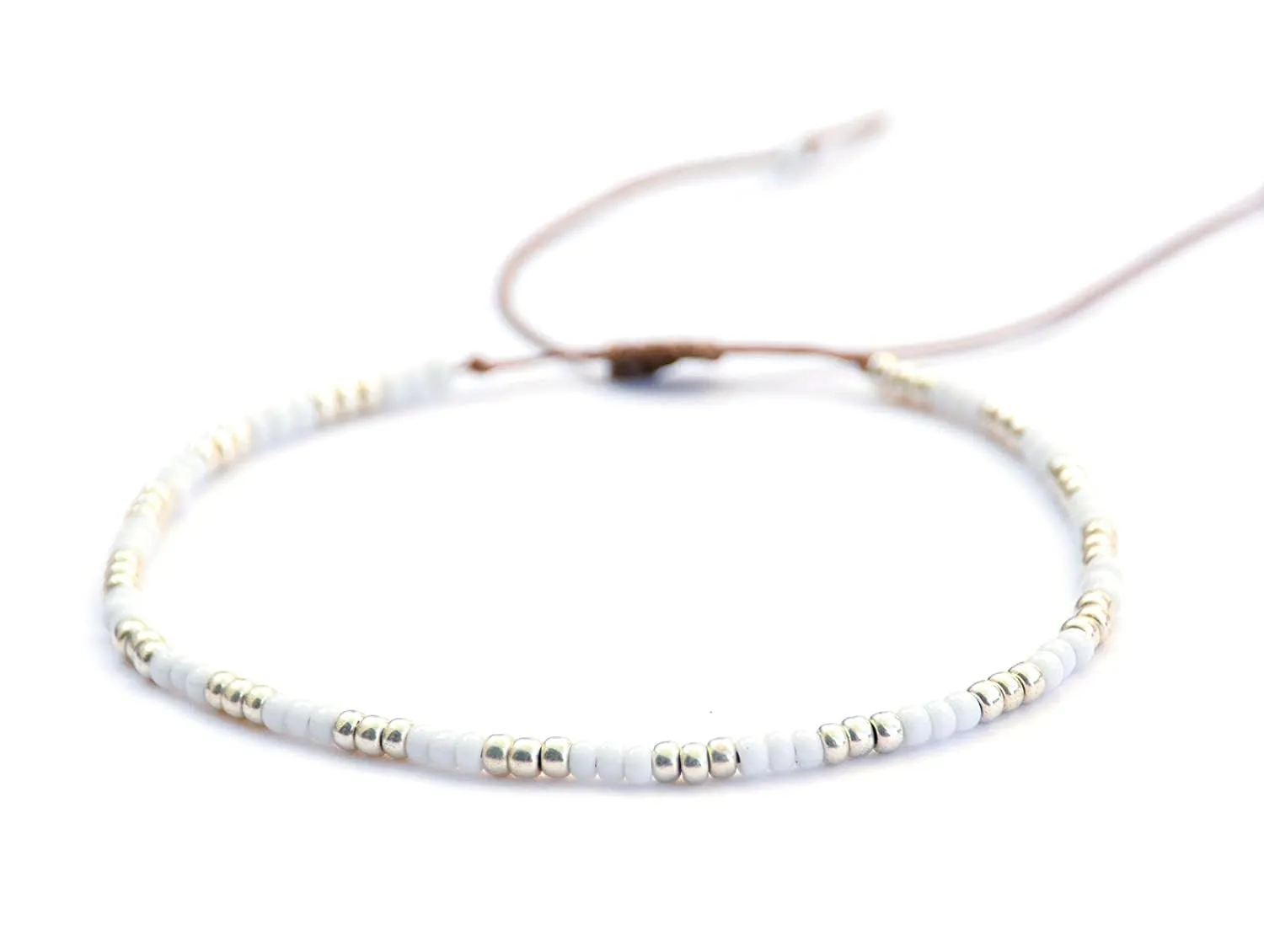Beaded Anklet for Women and Teen Girls, Boho White & Silver Adjustable Waterproof Thin Beach Summer Beads Anklet, Hippie Native American Style, Handmade by Tribes