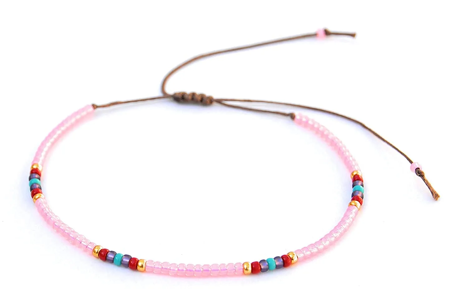 Beaded Anklet for Women, Boho Bohemian Native American Style, Unique Waterproof Pink Colorful Hippie Beach Anklet, Handmade by Tribes (S-M)