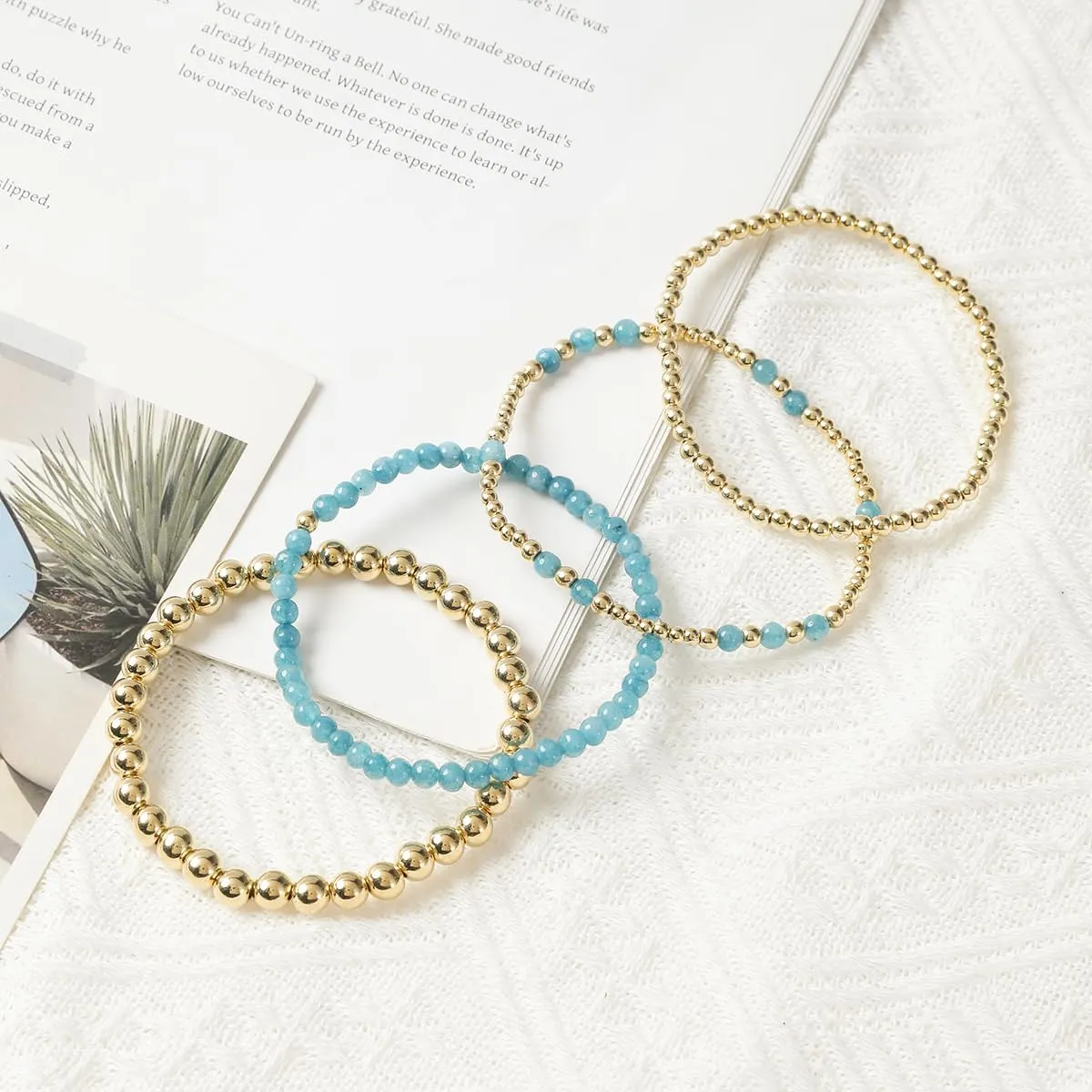 Beaded Bracelets for Women,Stackable Bracelets,14K Gold Plated Stretch Bead Ball Bracelet Set Jewelry Gifts for Women Teen Girls