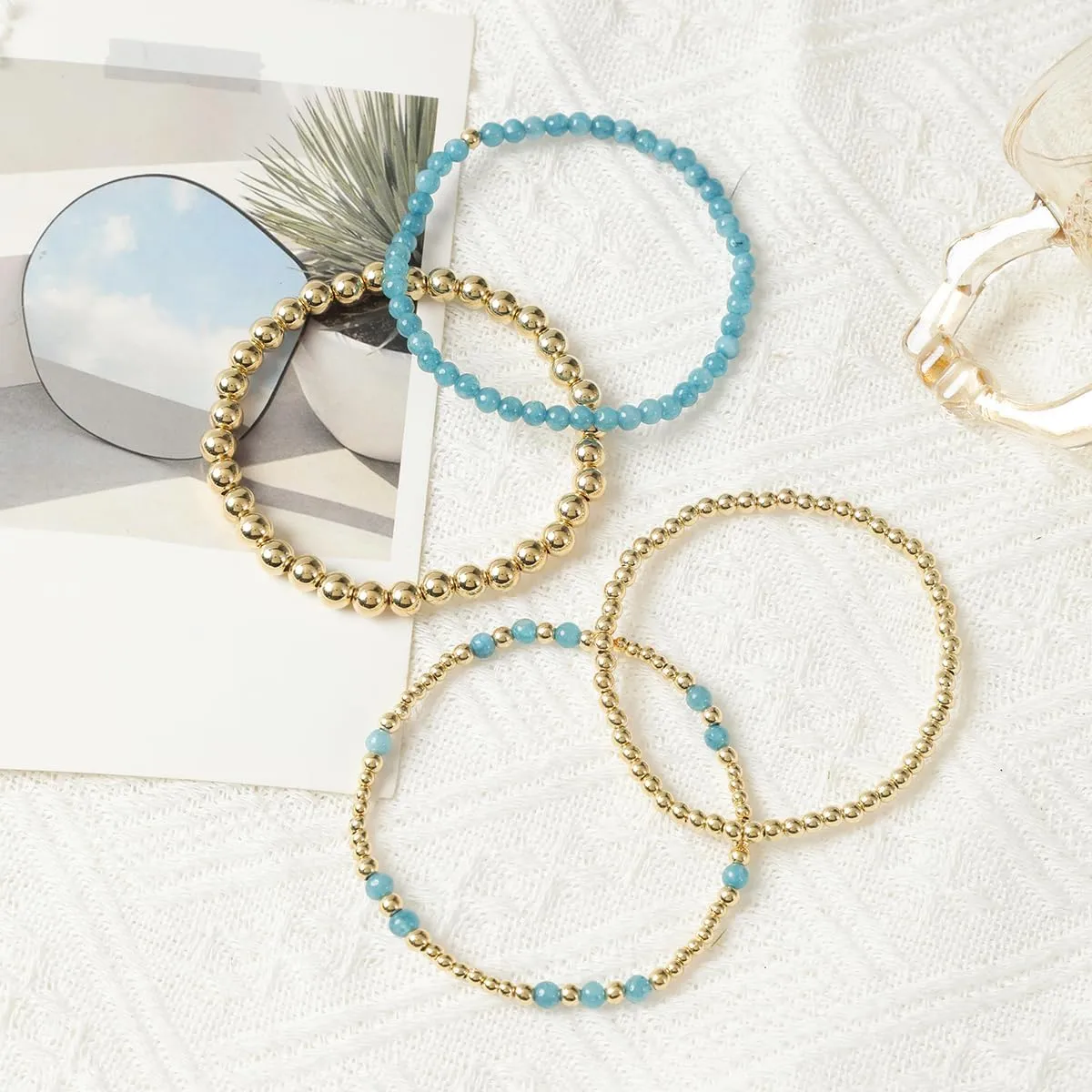 Beaded Bracelets for Women,Stackable Bracelets,14K Gold Plated Stretch Bead Ball Bracelet Set Jewelry Gifts for Women Teen Girls