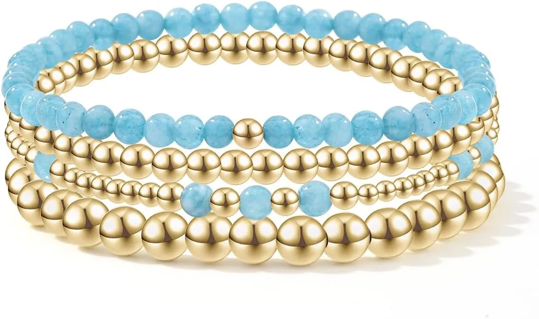Beaded Bracelets for Women,Stackable Bracelets,14K Gold Plated Stretch Bead Ball Bracelet Set Jewelry Gifts for Women Teen Girls