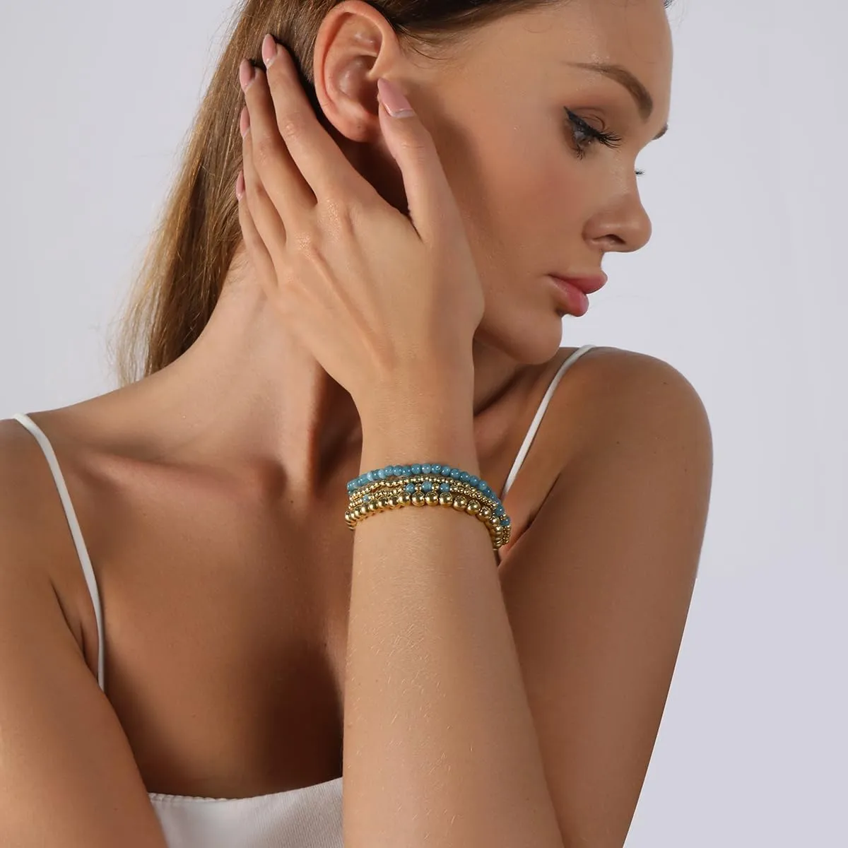 Beaded Bracelets for Women,Stackable Bracelets,14K Gold Plated Stretch Bead Ball Bracelet Set Jewelry Gifts for Women Teen Girls