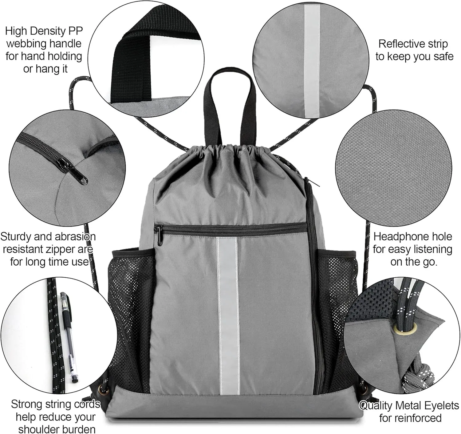 BeeGreen Drawstring Backpack Sports Gym Bag With Shoe Compartment and Two Water Bottle Holder 