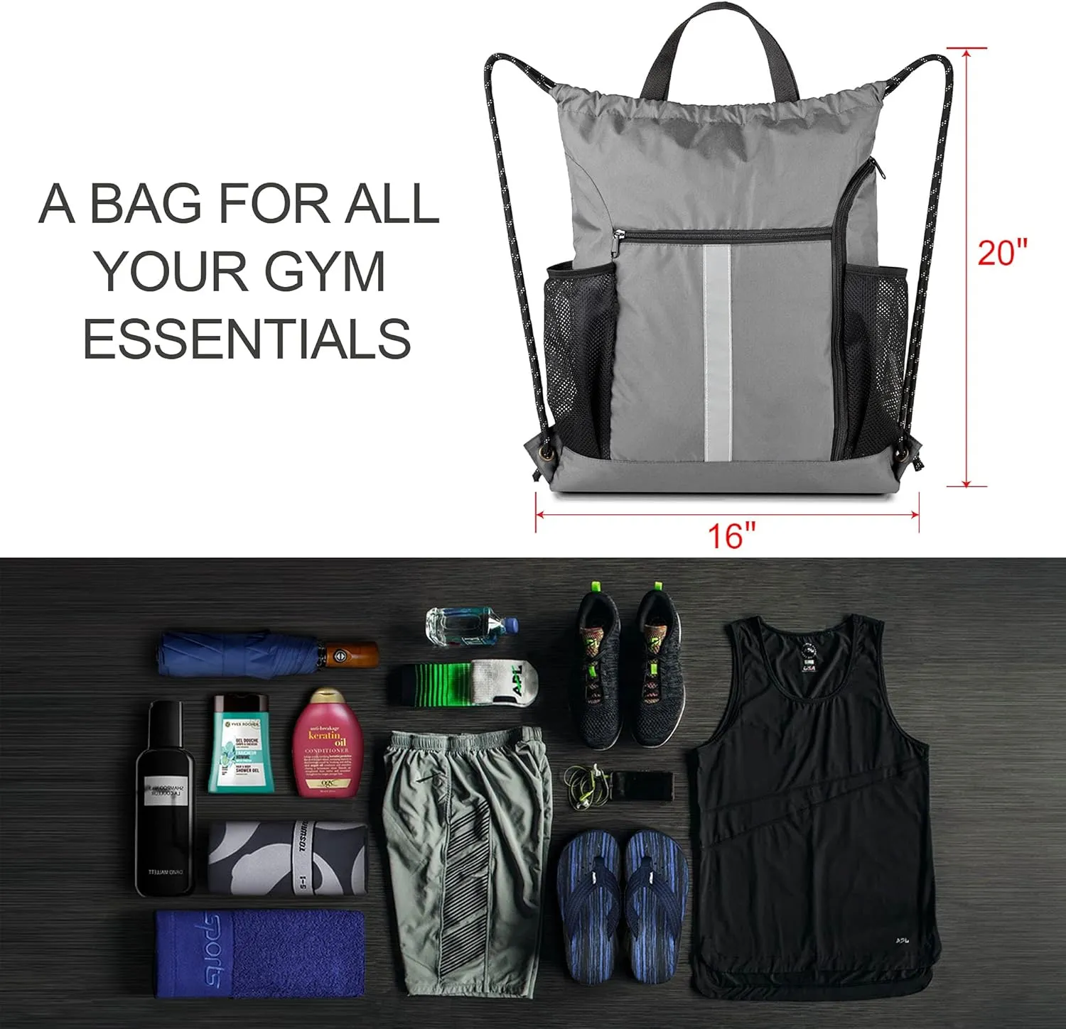 BeeGreen Drawstring Backpack Sports Gym Bag With Shoe Compartment and Two Water Bottle Holder 