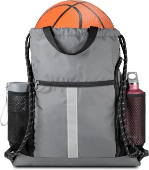 BeeGreen Drawstring Backpack Sports Gym Bag With Shoe Compartment and Two Water Bottle Holder 