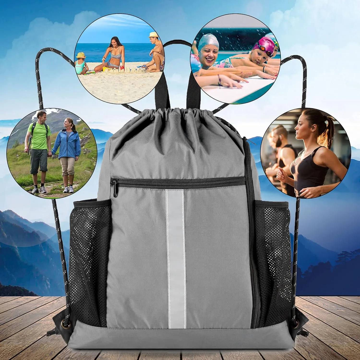 BeeGreen Drawstring Backpack Sports Gym Bag With Shoe Compartment and Two Water Bottle Holder 
