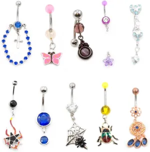 Belly Button Ring pack of 10 Love the Nature Collection Navel Rings with unique Designs 14g