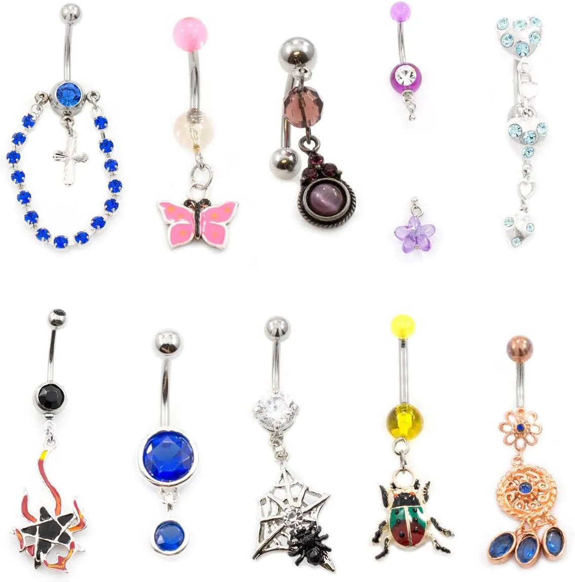 Belly Button Ring pack of 10 Love the Nature Collection Navel Rings with unique Designs 14g