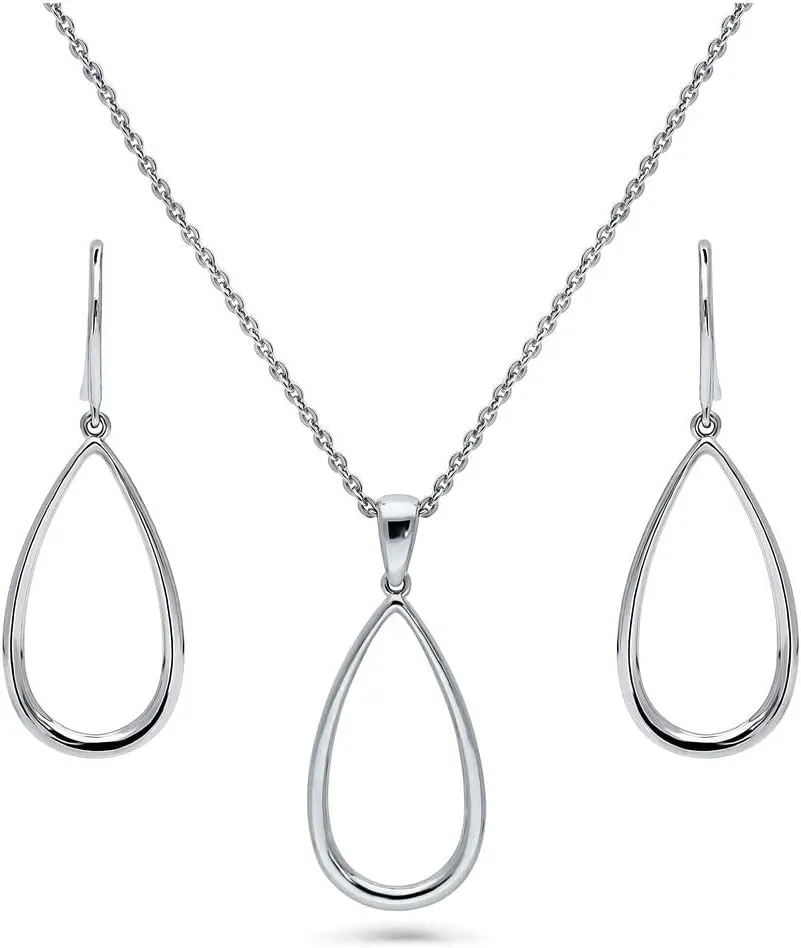 BERRICLE Sterling Silver Teardrop Fashion Necklace and Earrings Set for Women, Rhodium Plated